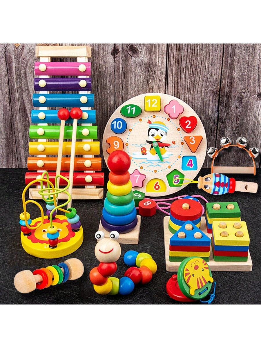 Christmas Decoration 10pcs Montessori Educational Wooden Toys For Boys Girls, Preschool Learning Toys Suitable For 3-6 Years Old Kids, Great Birthday/Halloween/Christmas Gifts