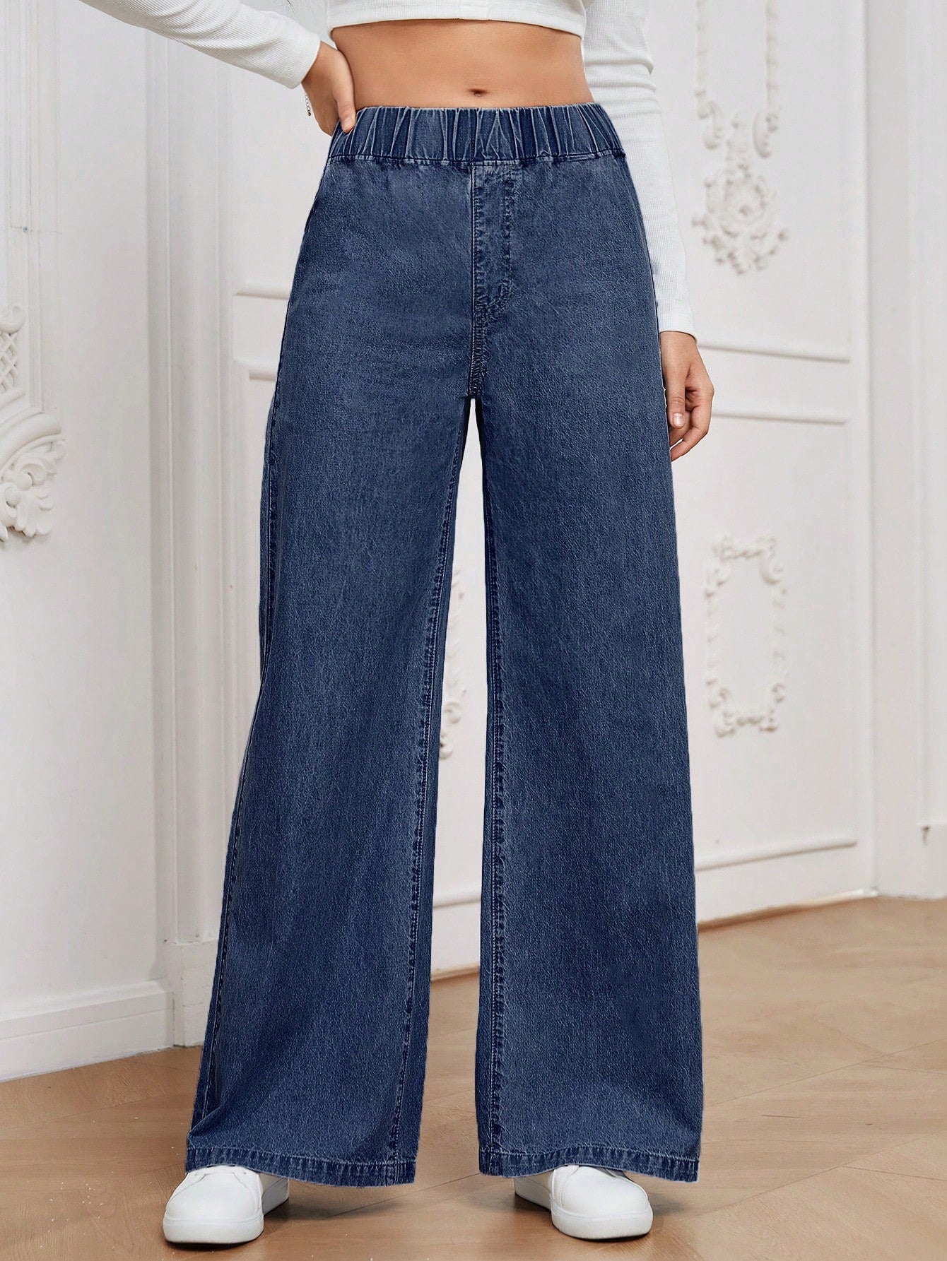 Essnce Women All-Match Casual Elastic Waisted Wide Leg Relaxed Regular Mid-Blue Woven Thin Material Jeans