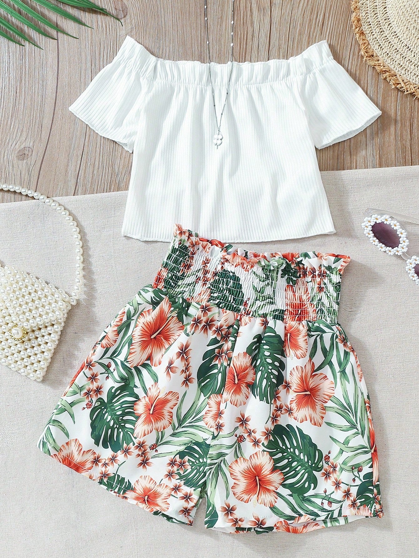 Tween Girl's One Shoulder Top With Ruffle Hem & Botanical Print Shorts, 2pcs/Set