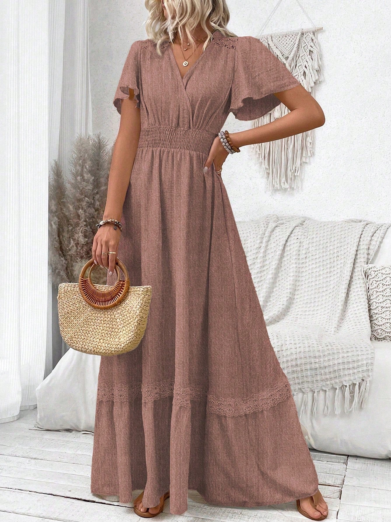 LUNE V-Neck Ruffle Sleeve Solid Color Vacation Style Spring/Summer Dress