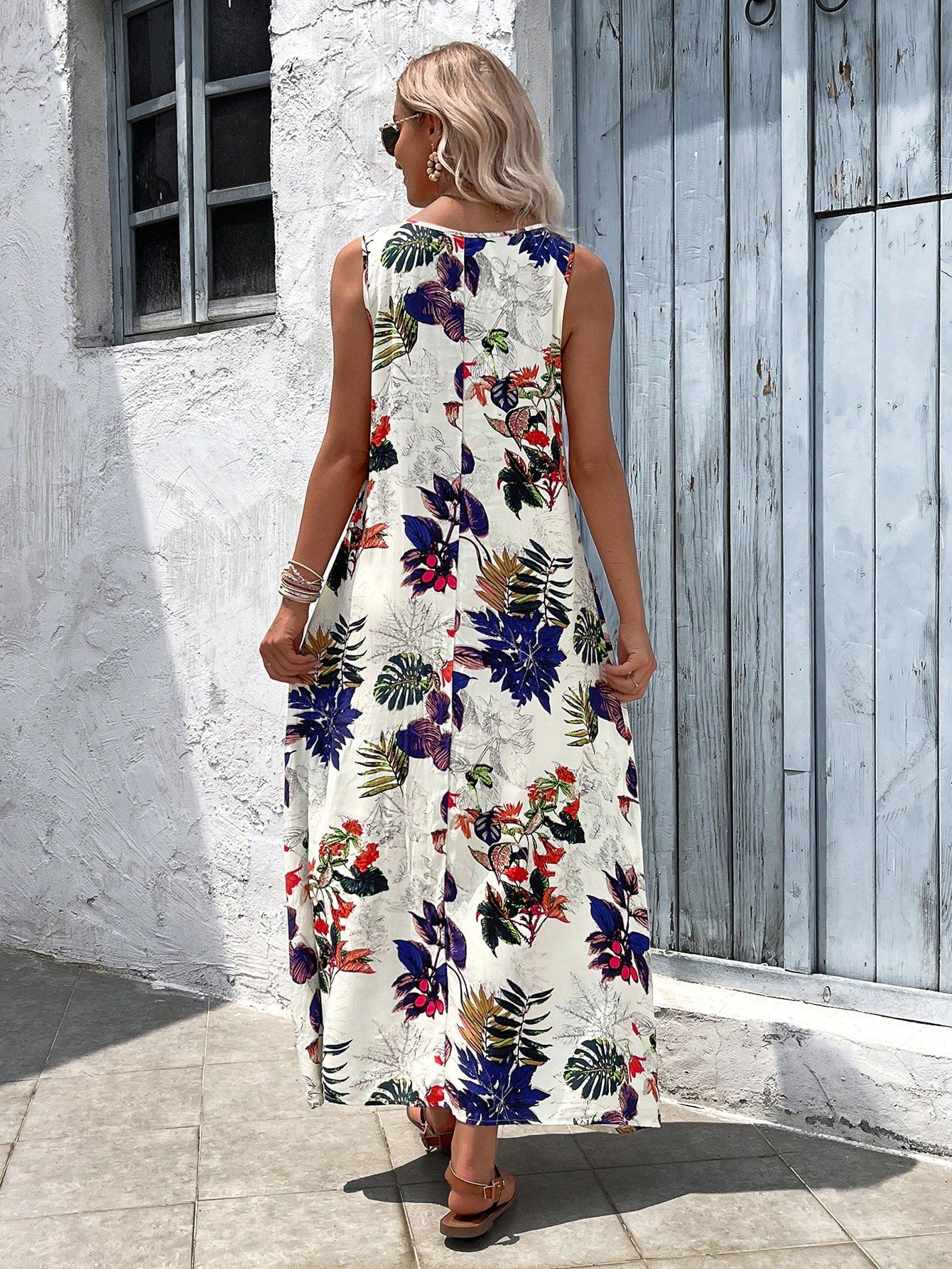 EMERY ROSE Women Summer Holiday Tropical Plant Printed Sleeveless Long Tank Dress