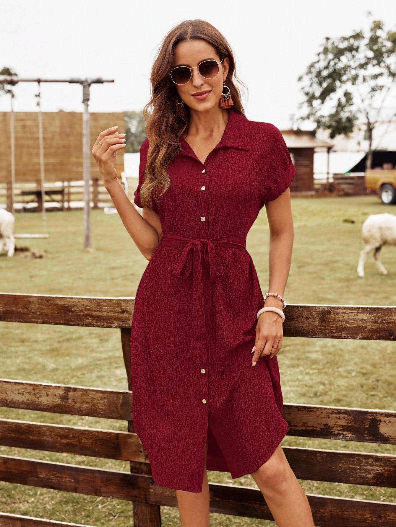 EMERY ROSE Solid Belted Shirt Dress