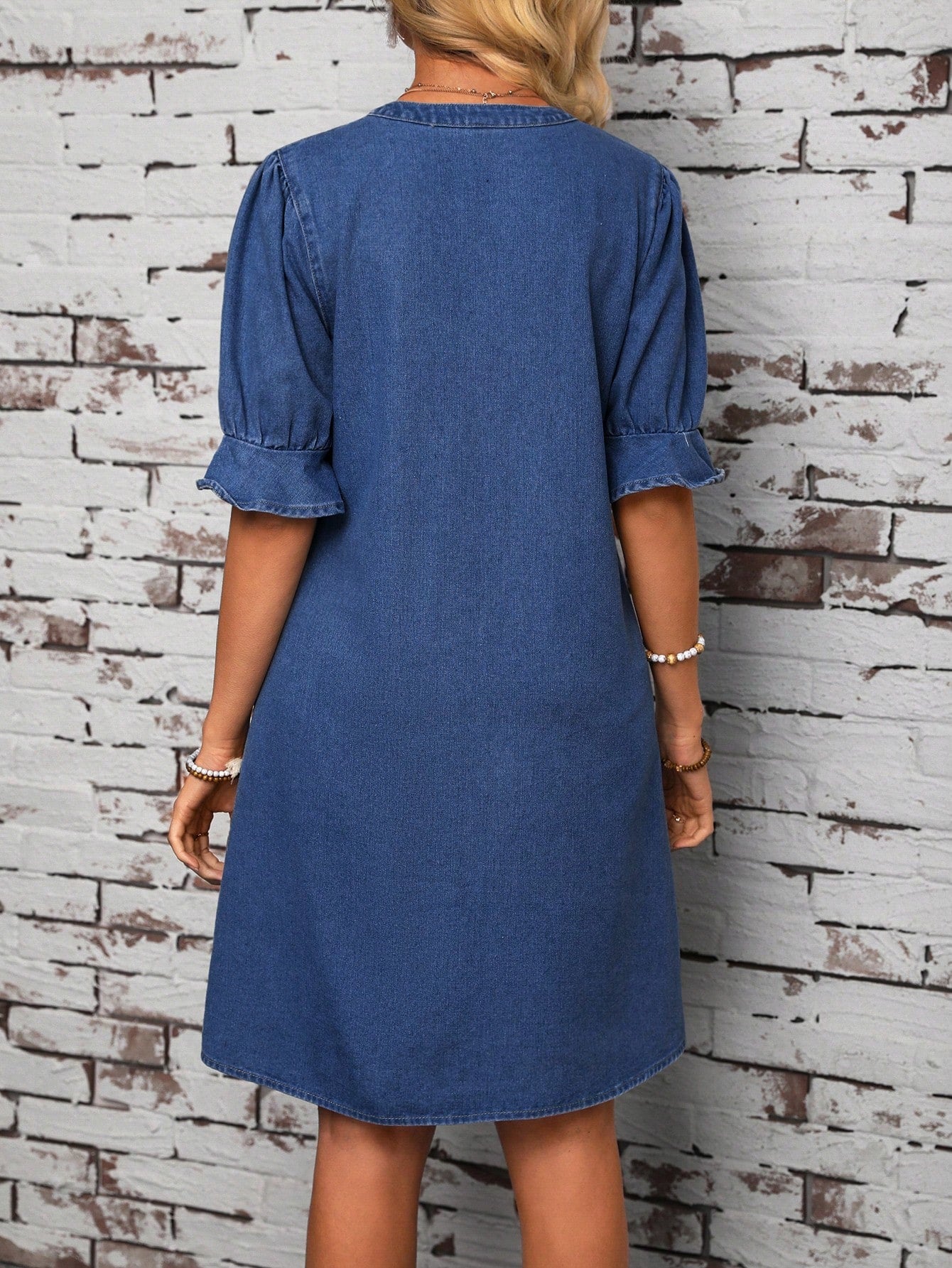 LUNE Women Fashionable V-Neck Bubble Sleeve Denim Dress