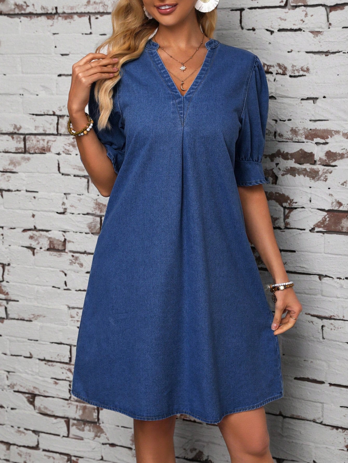 LUNE Women Fashionable V-Neck Bubble Sleeve Denim Dress