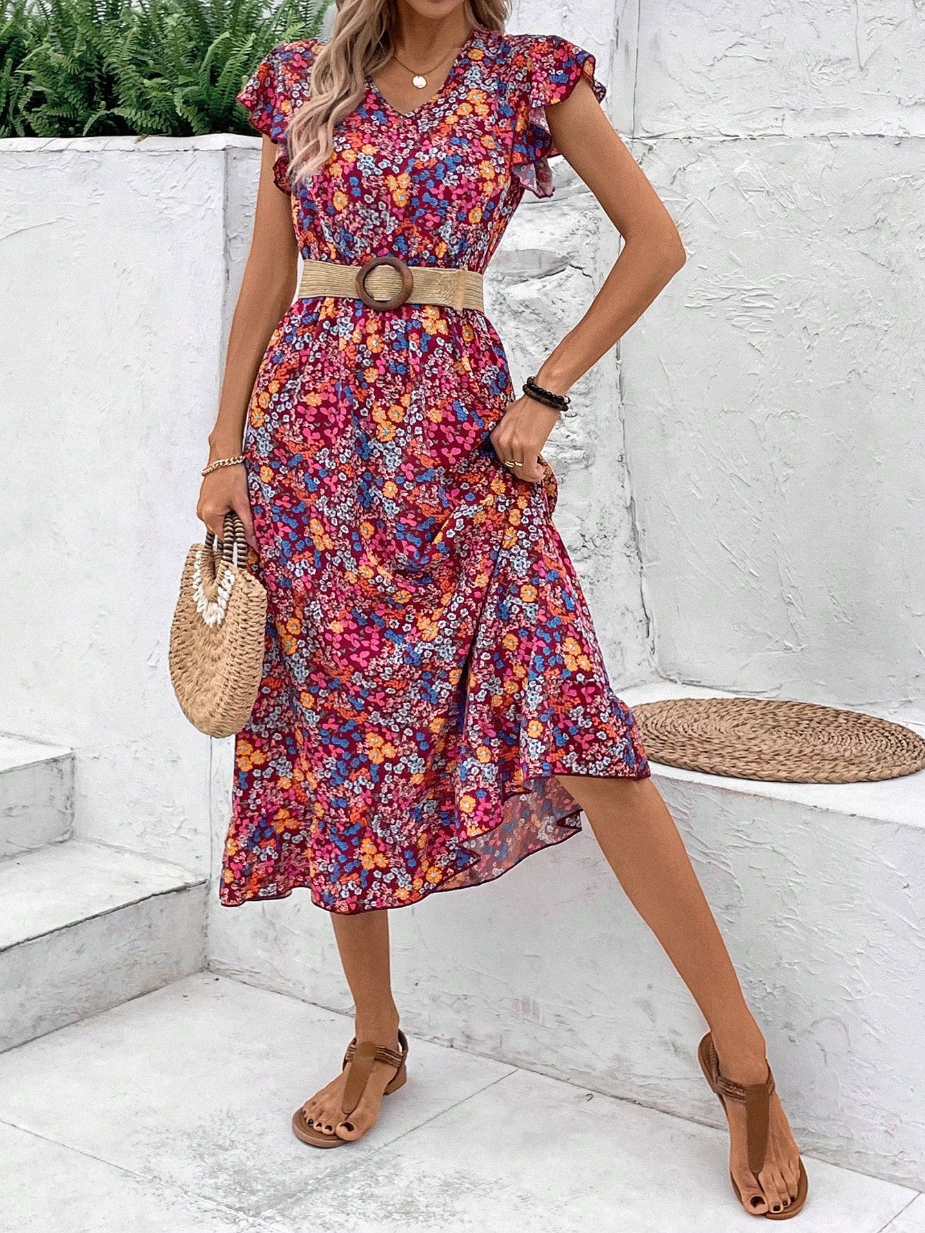 VCAY Women's V-Neck Belted Floral Print Dress With Ruffle Sleeves For Vacation Style In Spring/Summer