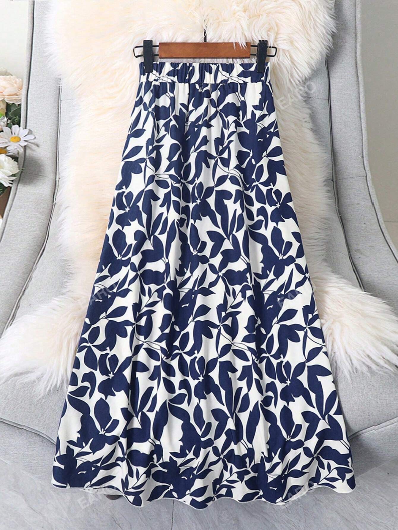 Women's Casual Long Skirt With All-Over Plant Print For Spring/Summer