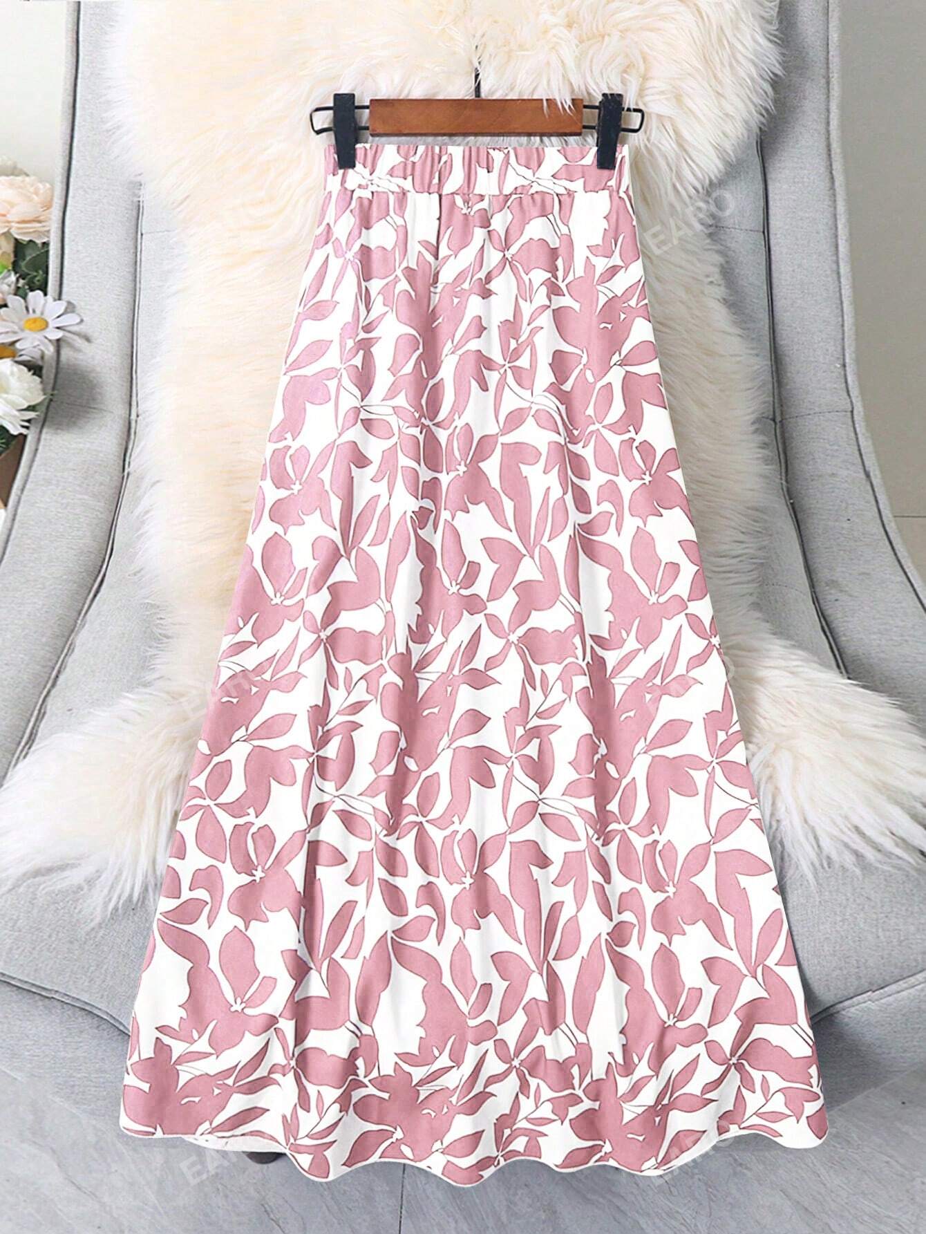 Women's Casual Long Skirt With All-Over Plant Print For Spring/Summer