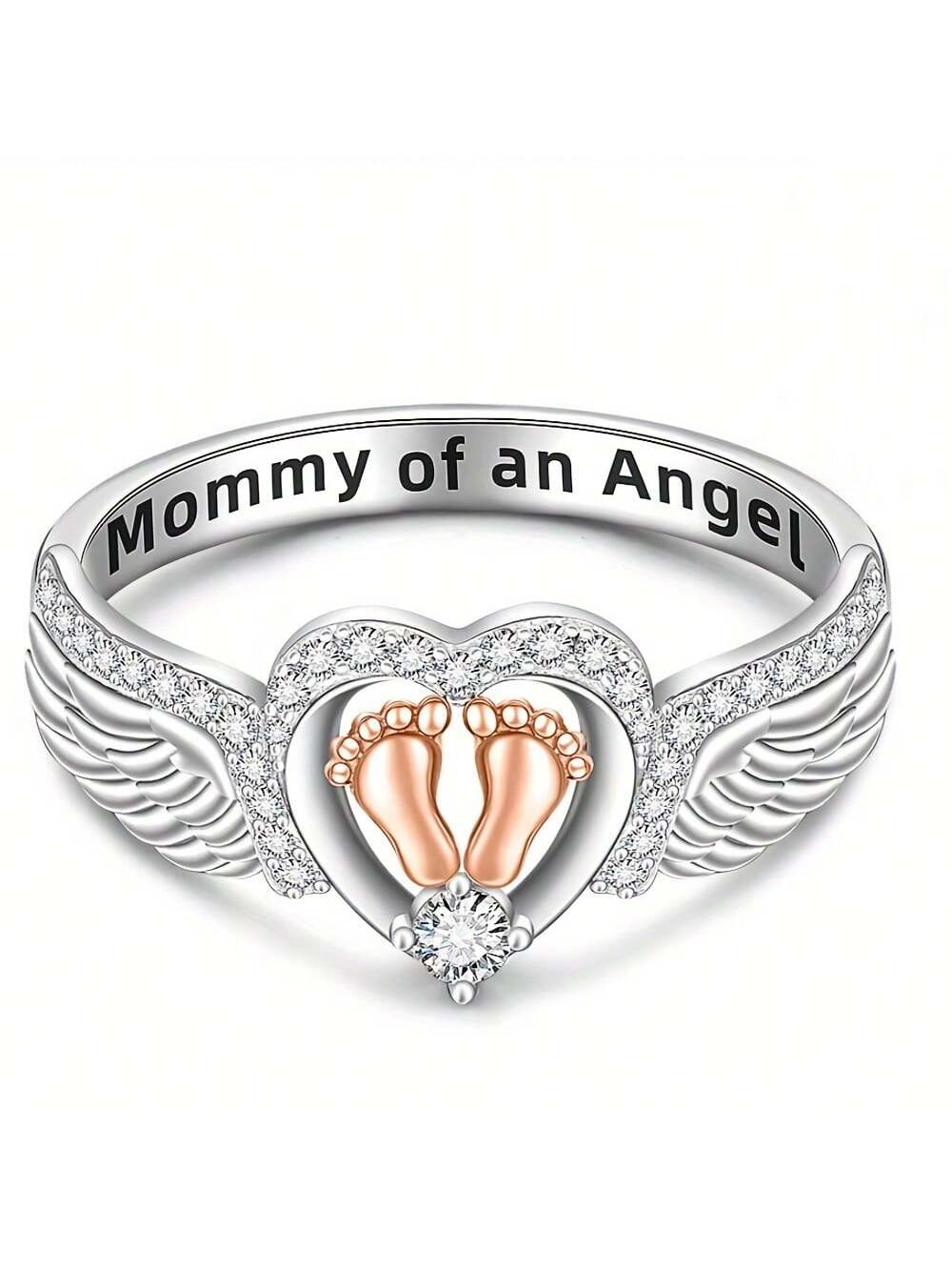 A Delicate Sterling Silver Rose Gold Plated Ring With Double Footprint And Angel Wings Engraving, Best Mother's Day Gift For New Moms