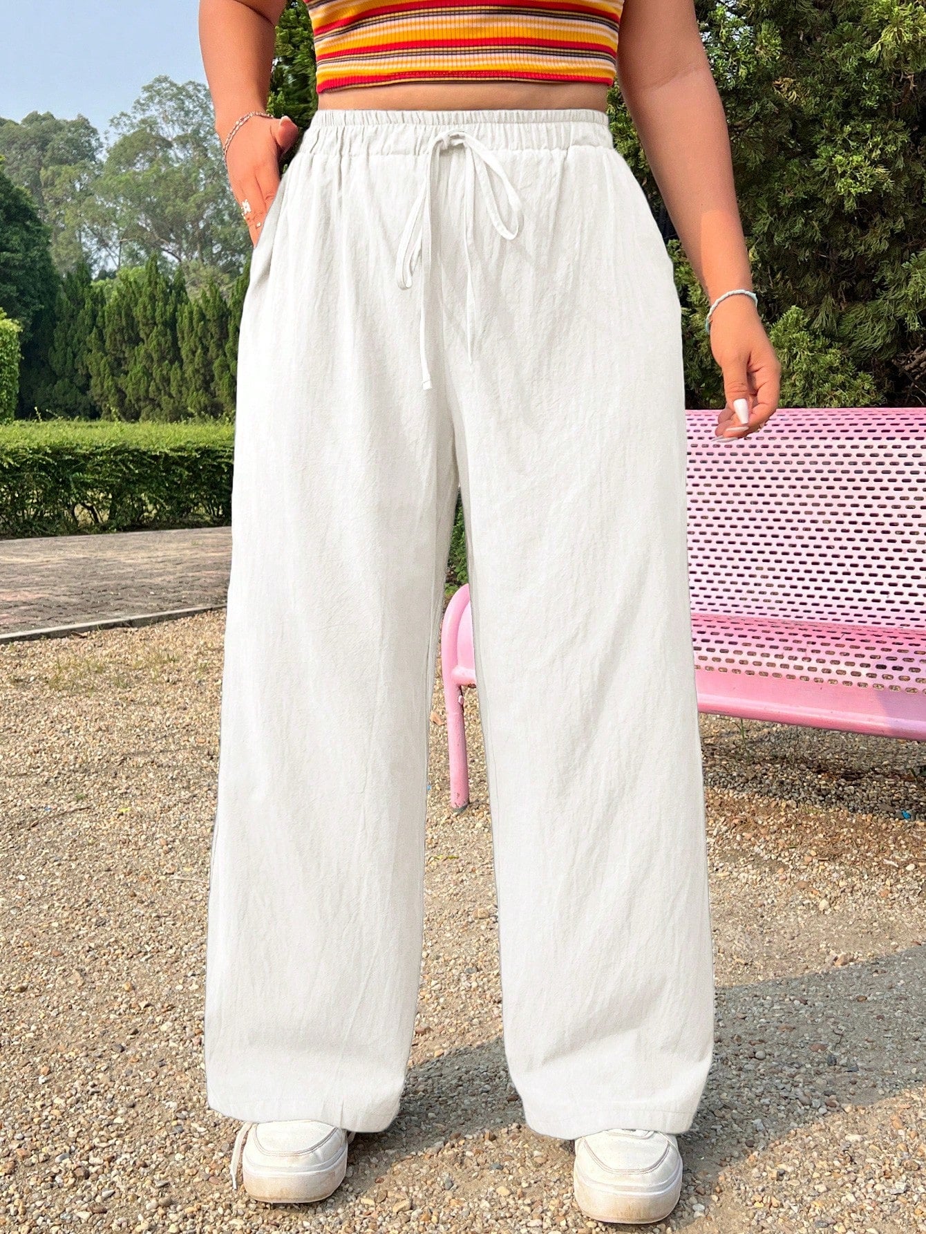 EZwear Plus Size Summer Solid Color Casual Pants With Pockets And Tie Knot