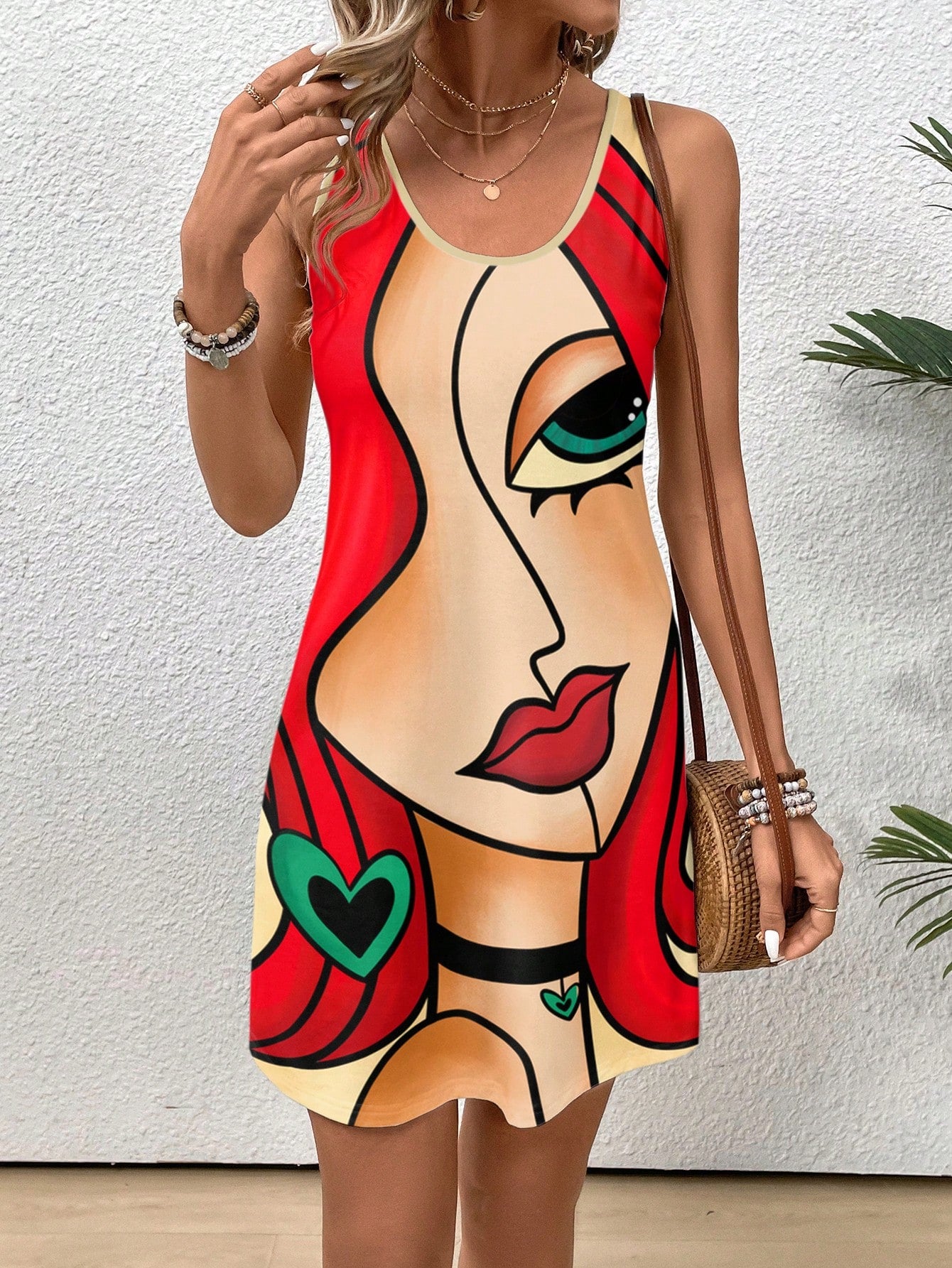 LUNE Women's Round Neck Digital Print Sleeveless Summer Dress Love