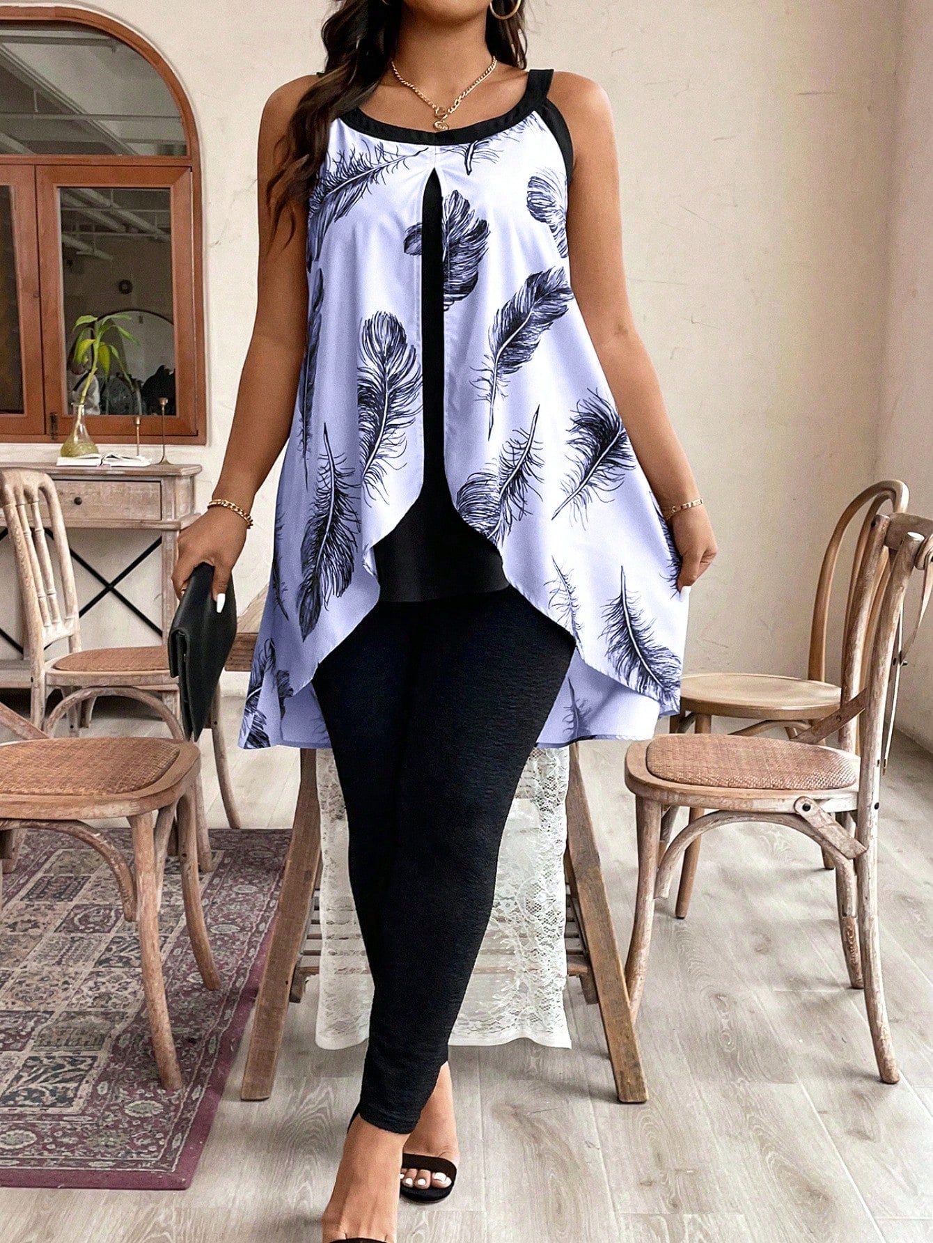 Random Floral Print Plus Size Women High-Low Hem Halter Top And Pants Casual 2 Piece Set