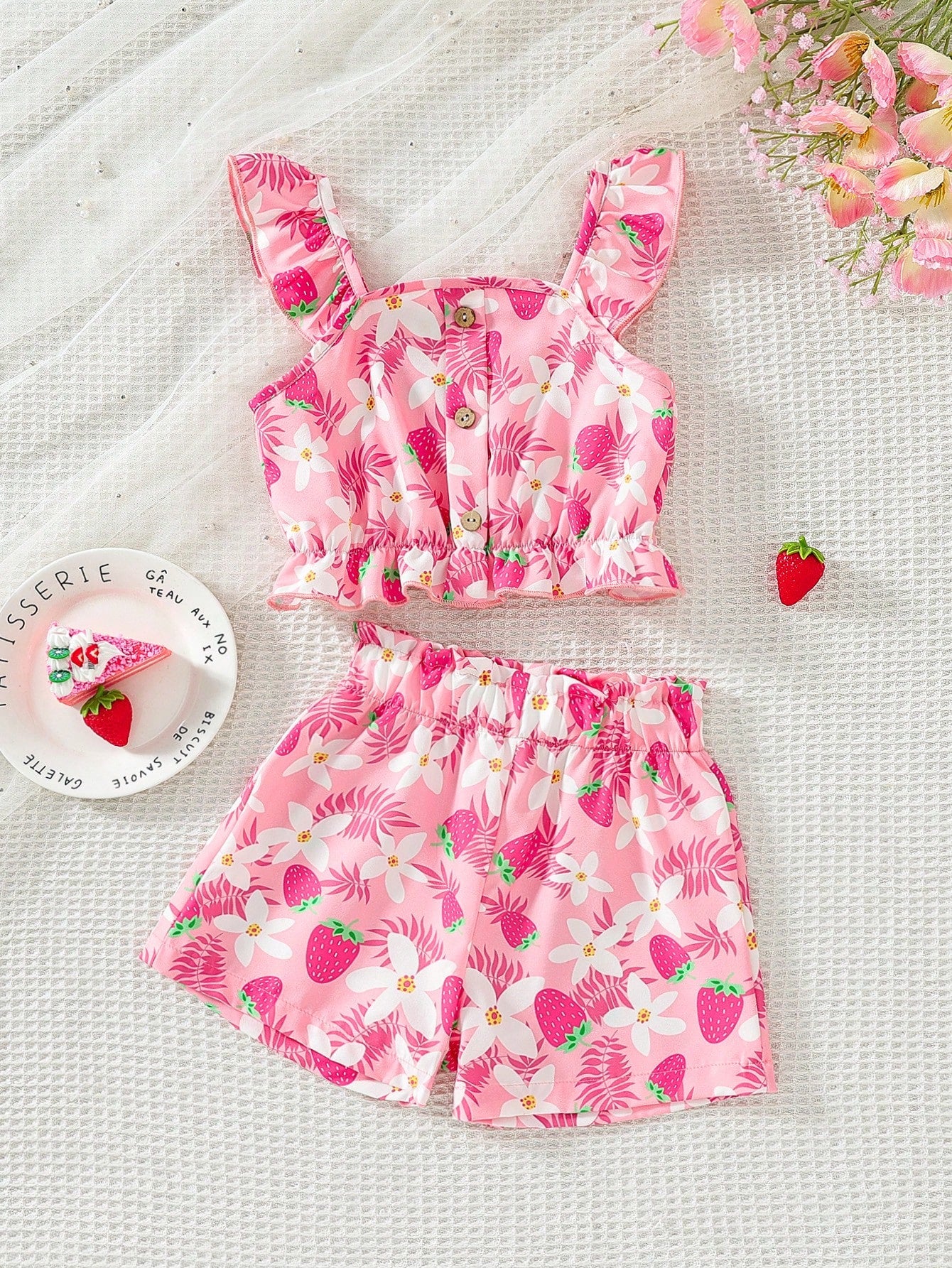 Young Girl Elegant & Floral Patterned Button Design Tank Top & Elastic Shorts Set, Suitable For Vacation And Travel, Spring/Summer