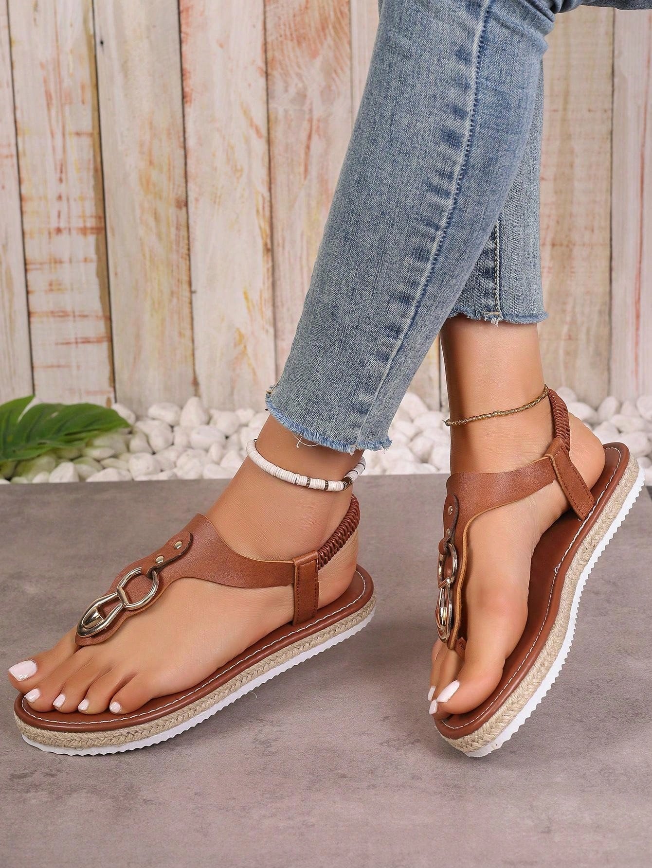 Women's Flat  Rope Slip-On Sandals With Rivets On The Back And Round Toe, Hollow Out Toe Anti-Slip Loafers, Outdoor Flat Open Toe Women's Sandals