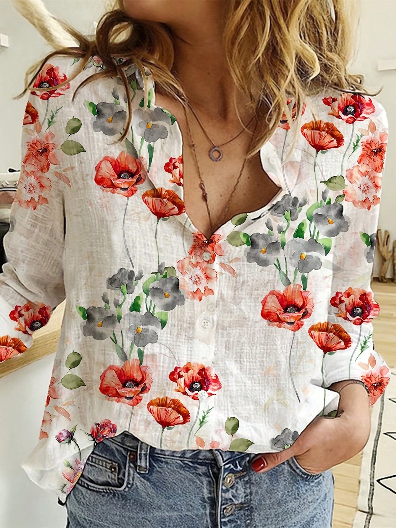 LUNE Women Spring And Autumn Casual Floral Print Long-Sleeved Shirt