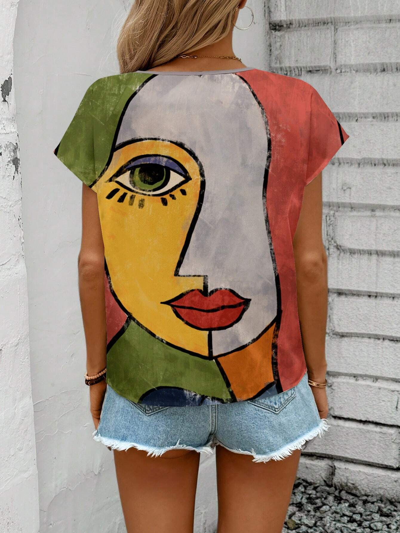 Casual Full Print Portrait Pattern Women V-Neck Shirt, Suitable For Summer