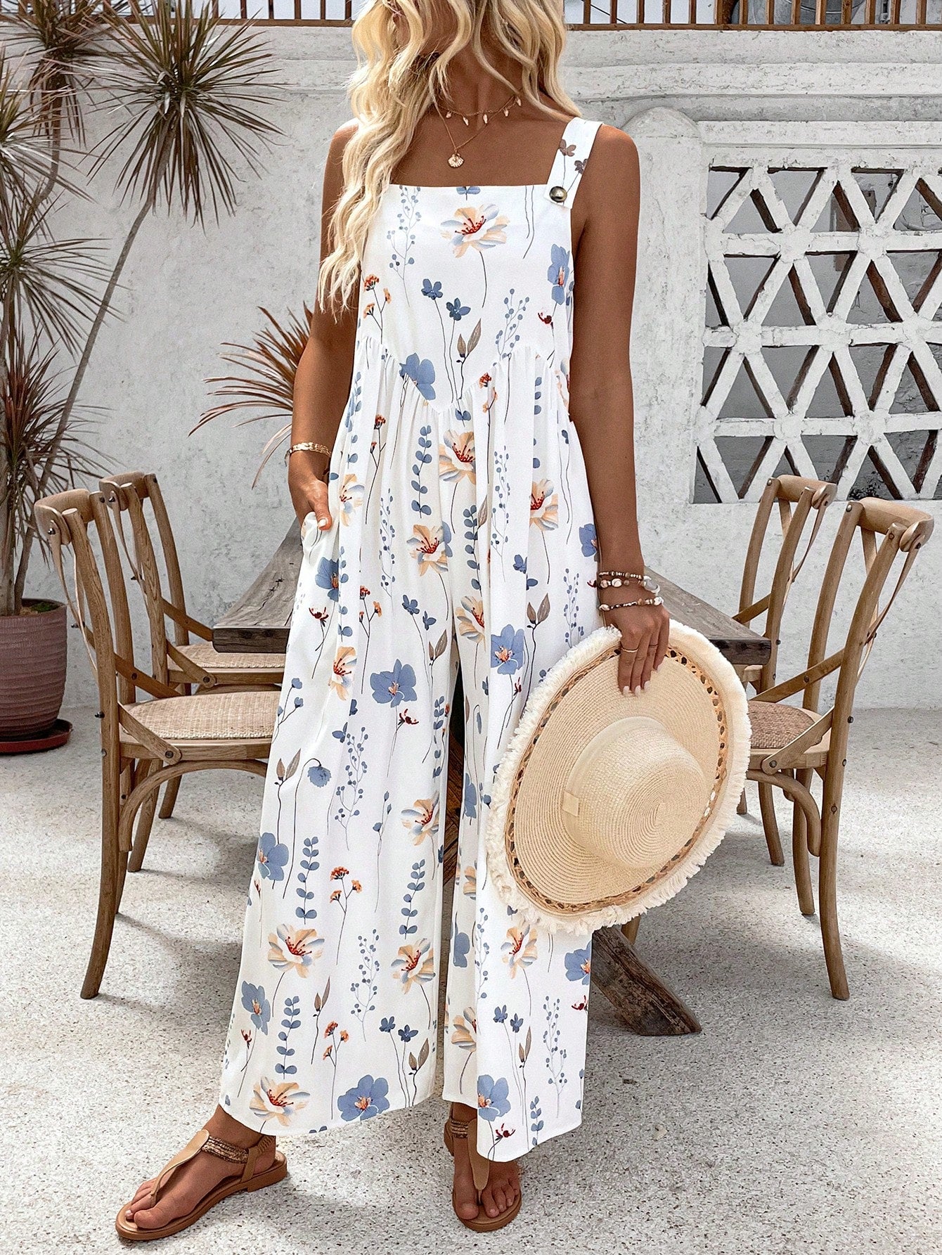 LUNE Women's Fashionable Summer Loose Printed Spaghetti Strap Jumpsuit