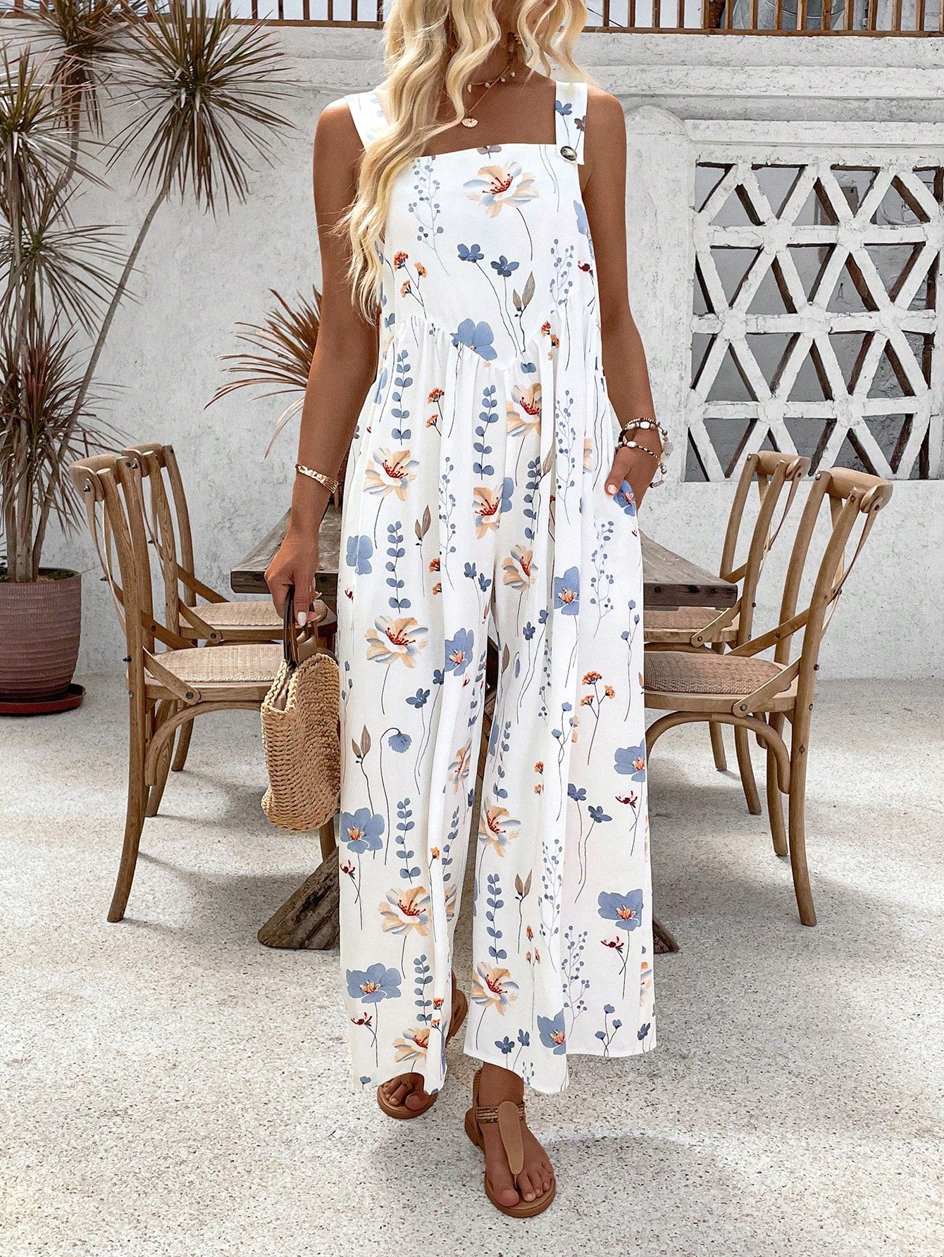 LUNE Women's Fashionable Summer Loose Printed Spaghetti Strap Jumpsuit