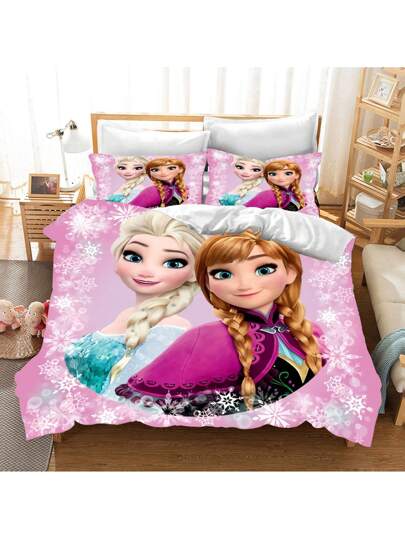 3PCS Frozen  Quilt Cover Duvet Cover Set Cartoon Pattern Pillowcase Set Polyester Skin Friendly Breathable Colorful Gift Bedroom Bedding Suitable For Children