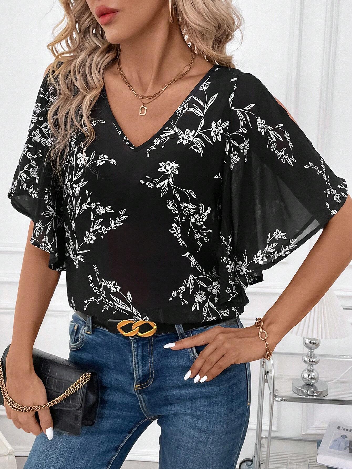 Clasi Women V-Neck Bat Wing Sleeve Allover Print Loose Comfortable Elegant Chic Blouse