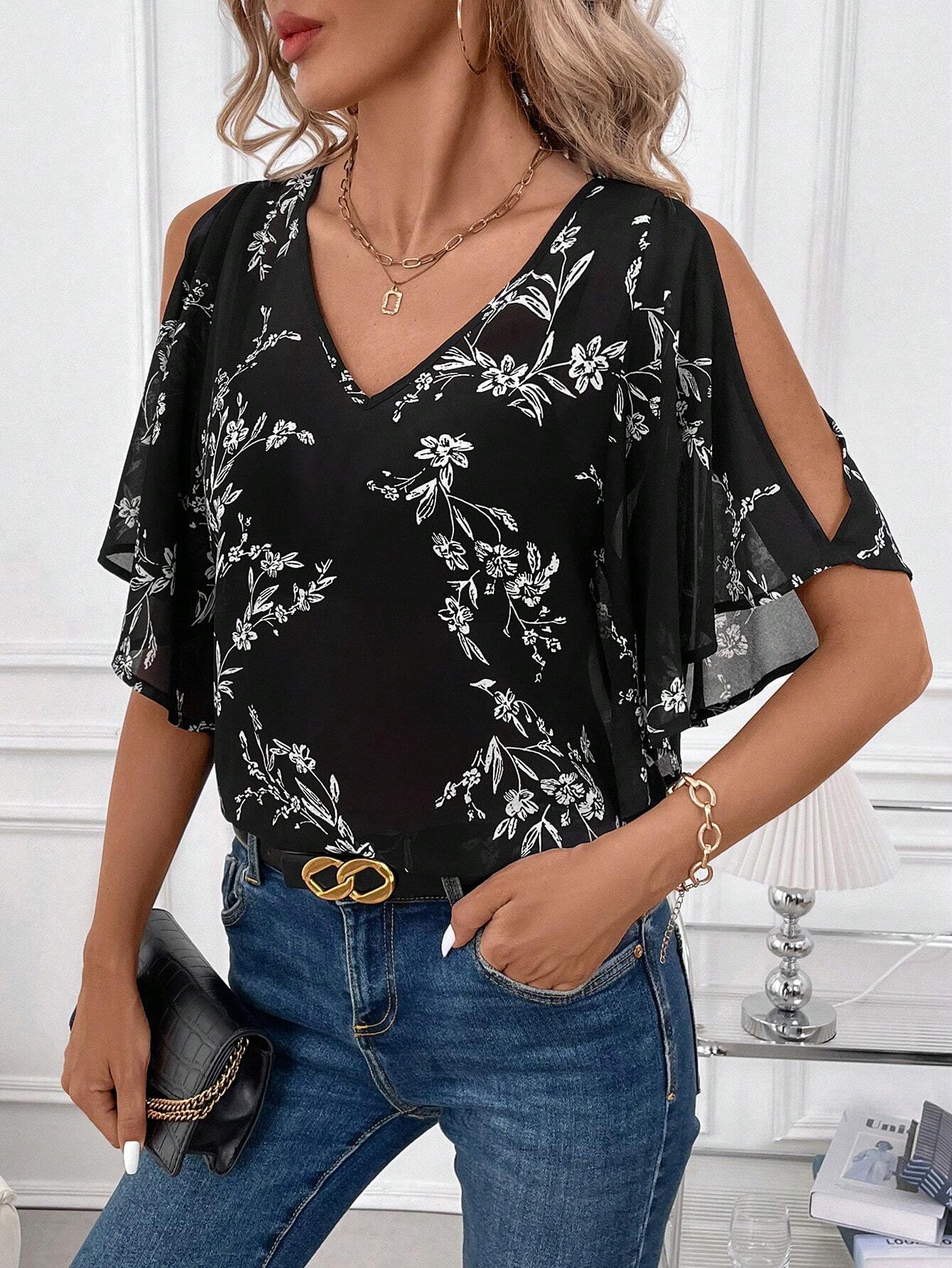 Clasi Women V-Neck Bat Wing Sleeve Allover Print Loose Comfortable Elegant Chic Blouse