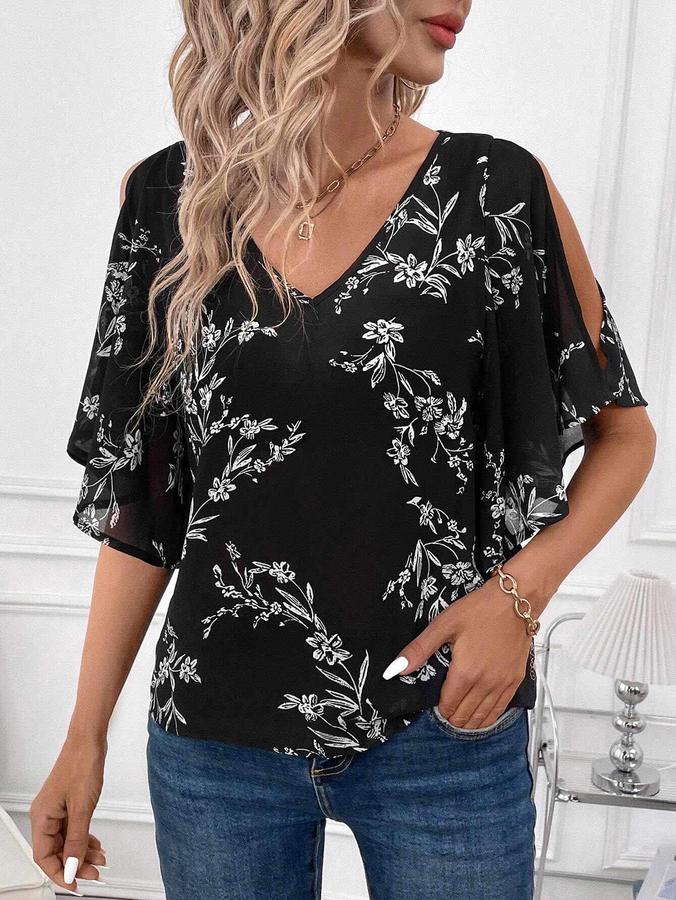 Clasi Women V-Neck Bat Wing Sleeve Allover Print Loose Comfortable Elegant Chic Blouse