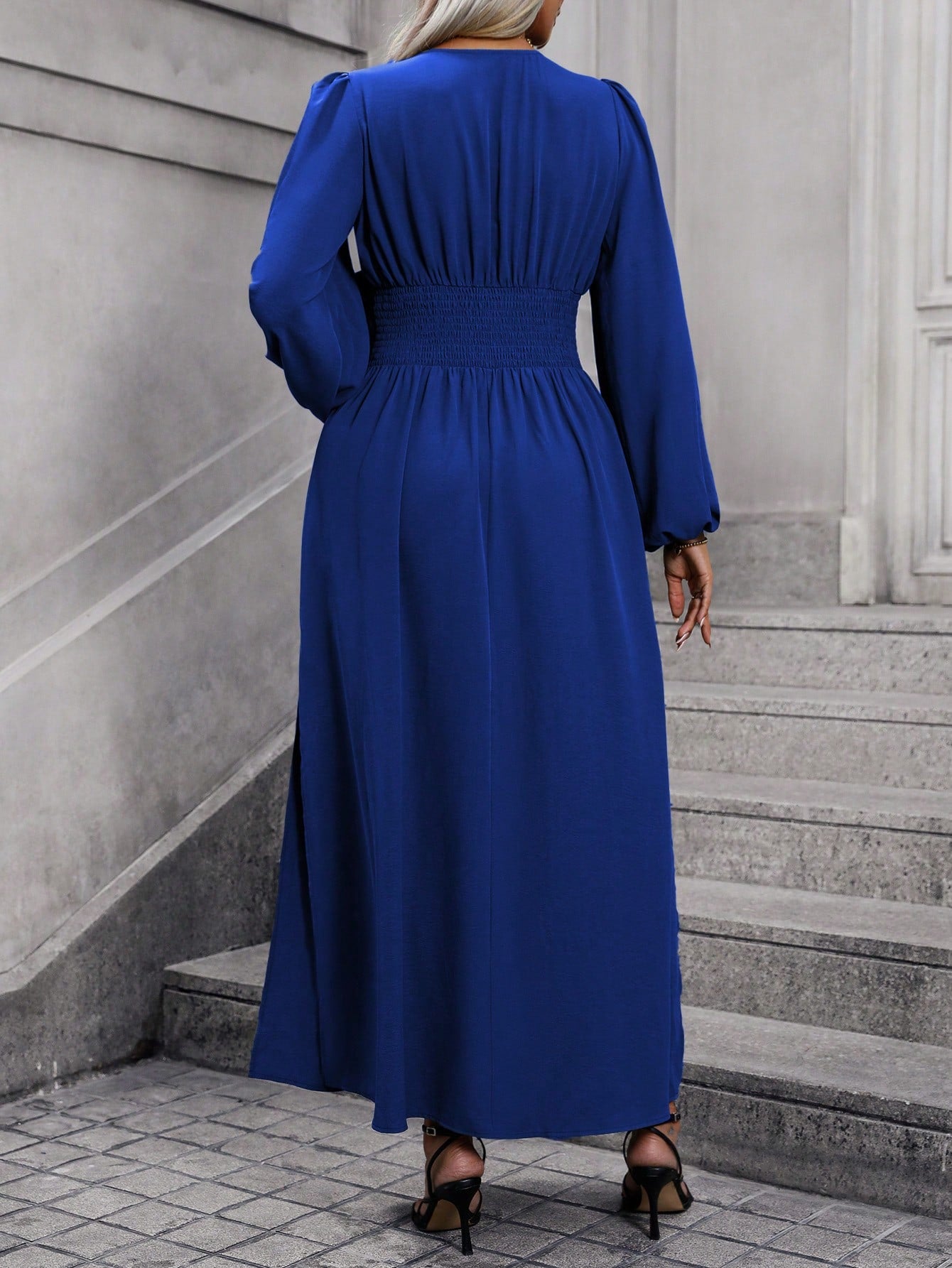 Frenchy Plus Size V-Neck Lantern Sleeve High Slit Dress