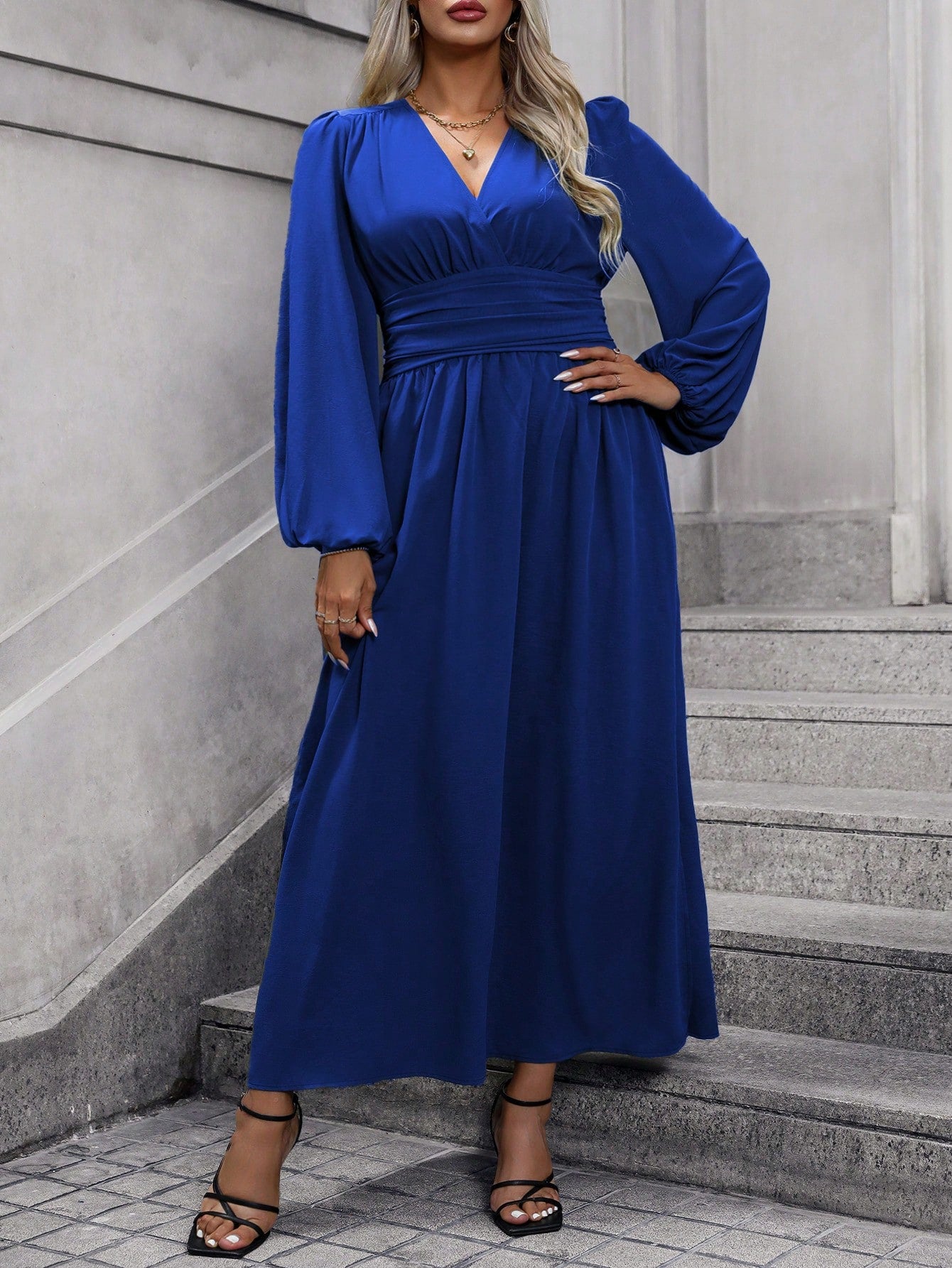 Frenchy Plus Size V-Neck Lantern Sleeve High Slit Dress