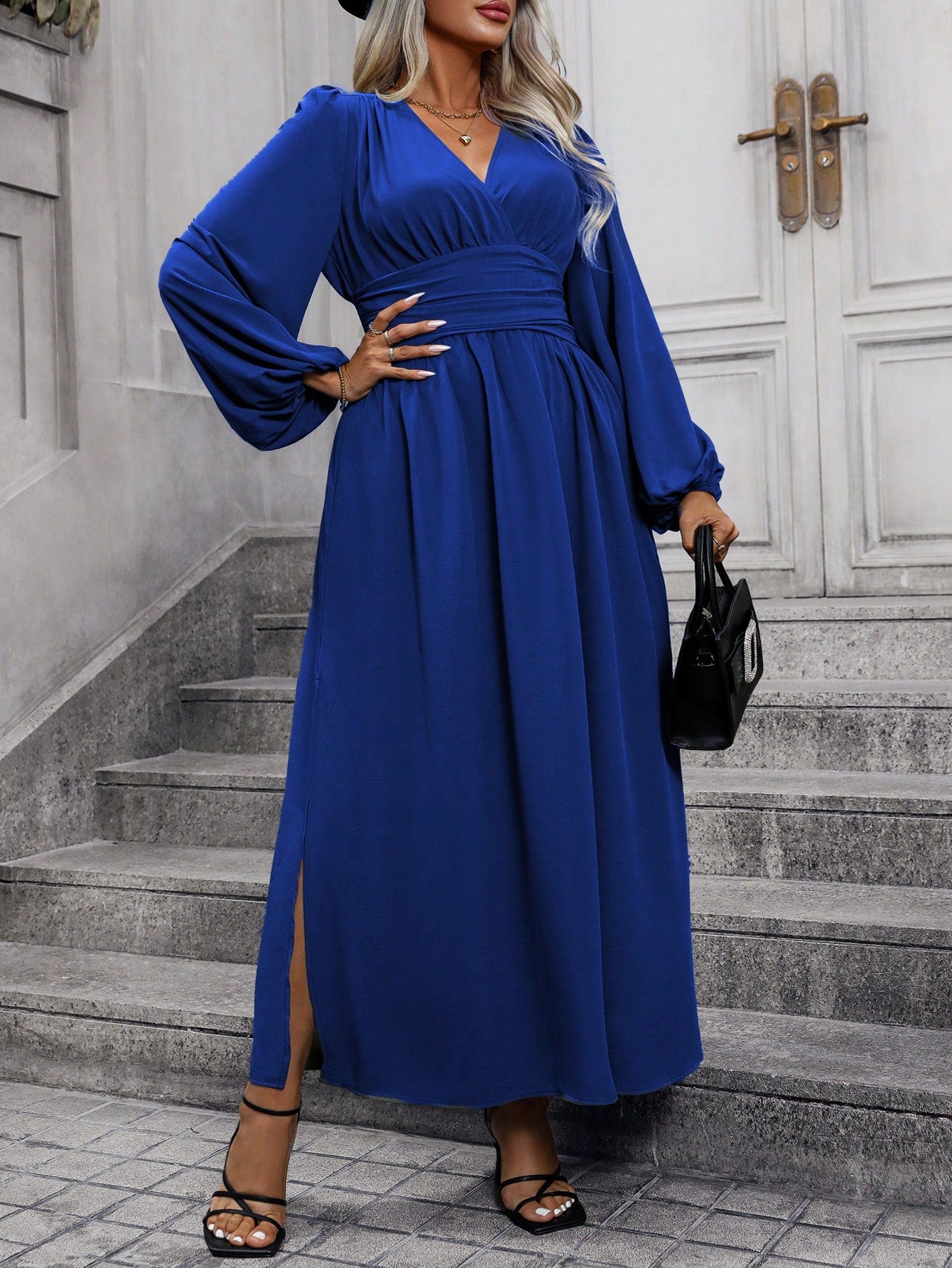 Frenchy Plus Size V-Neck Lantern Sleeve High Slit Dress