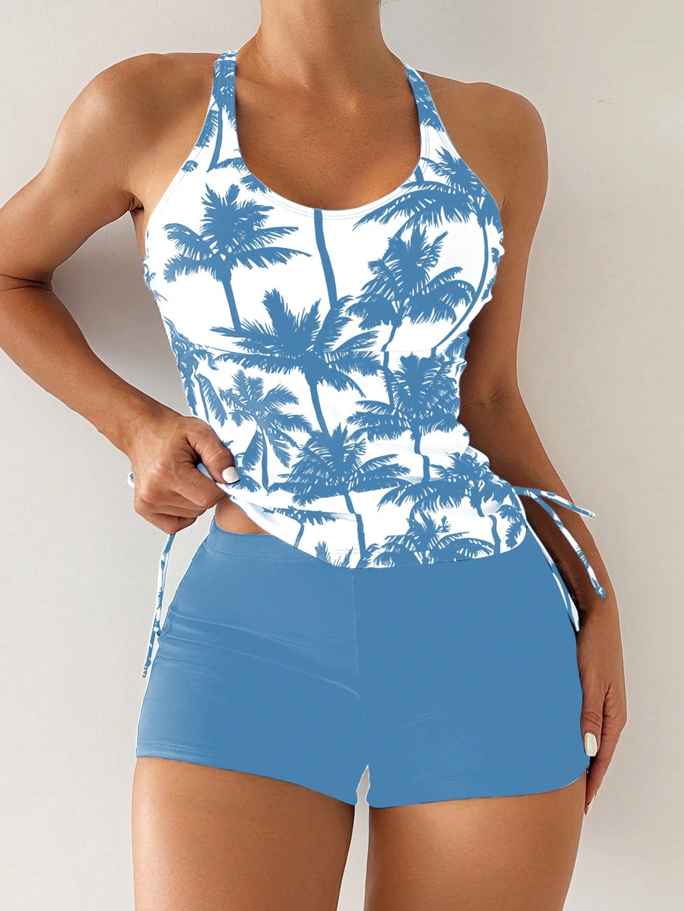 Swim Lushore Summer Beach Ladies' Coconut Tree Printed Halter Top And Solid Color Trunks Swimwear Set