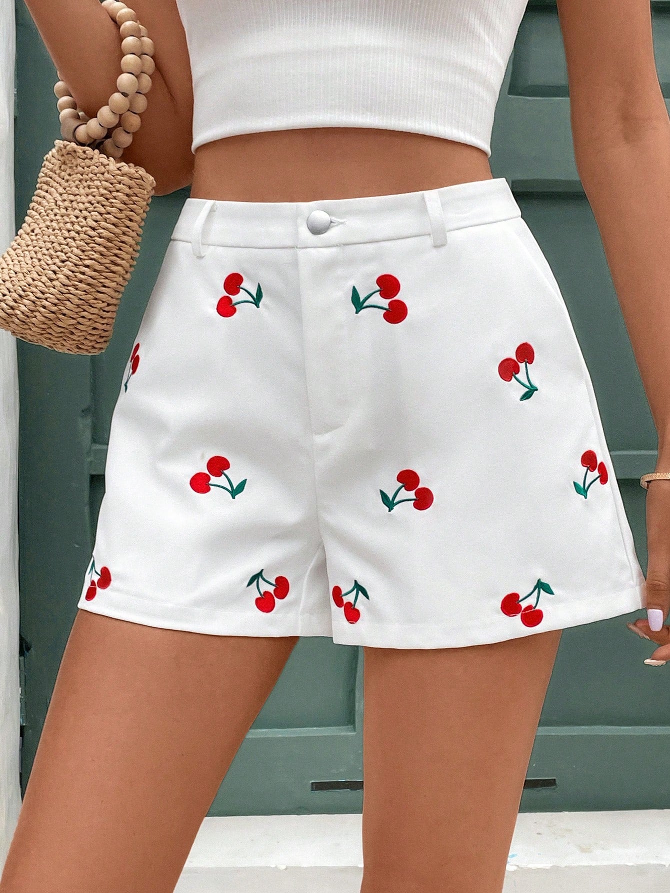 Frenchy White Cherry Embroidery Low Waist Shorts, White Twill Short Shorts, Suitable For Daily Holiday Outing Music Festival Wear Country Concert Outfit Bridgerton