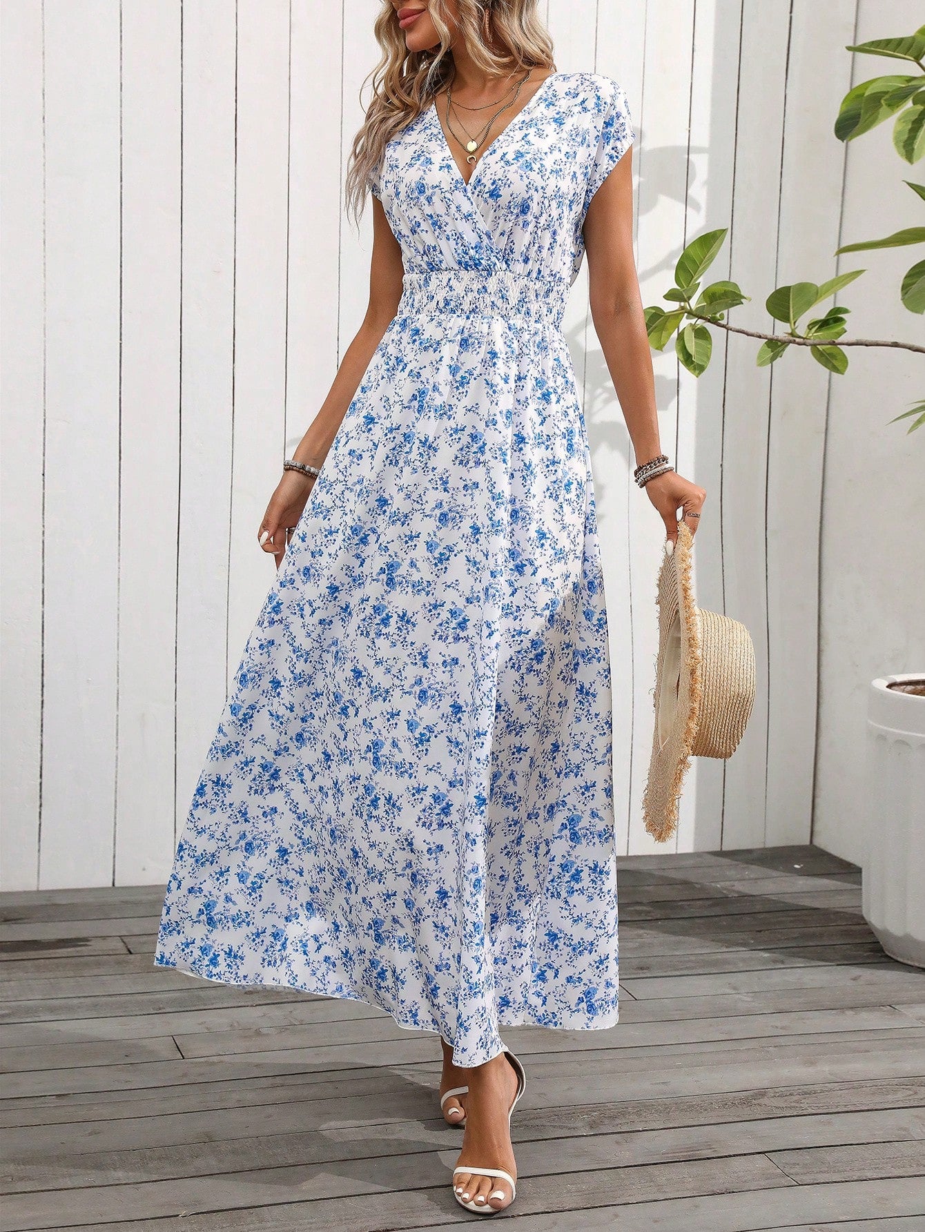 LUNE Floral Print Long Dress With Drawstring Waist, Perfect For Vacation