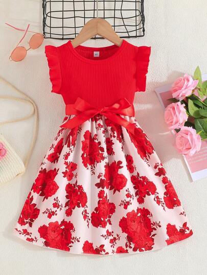 Young Girl Summer New Arrival Fashionable Dress With Ruffle Cuffs And Pocket Design, Featuring Floral Print And Striped Patchwork Details