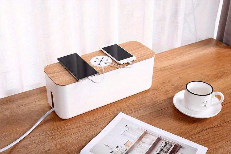 YIMUWN Wooden Cable Organizer Box - Dustproof Power Cord and Charger Storage Case with Wire Winder for Home Office