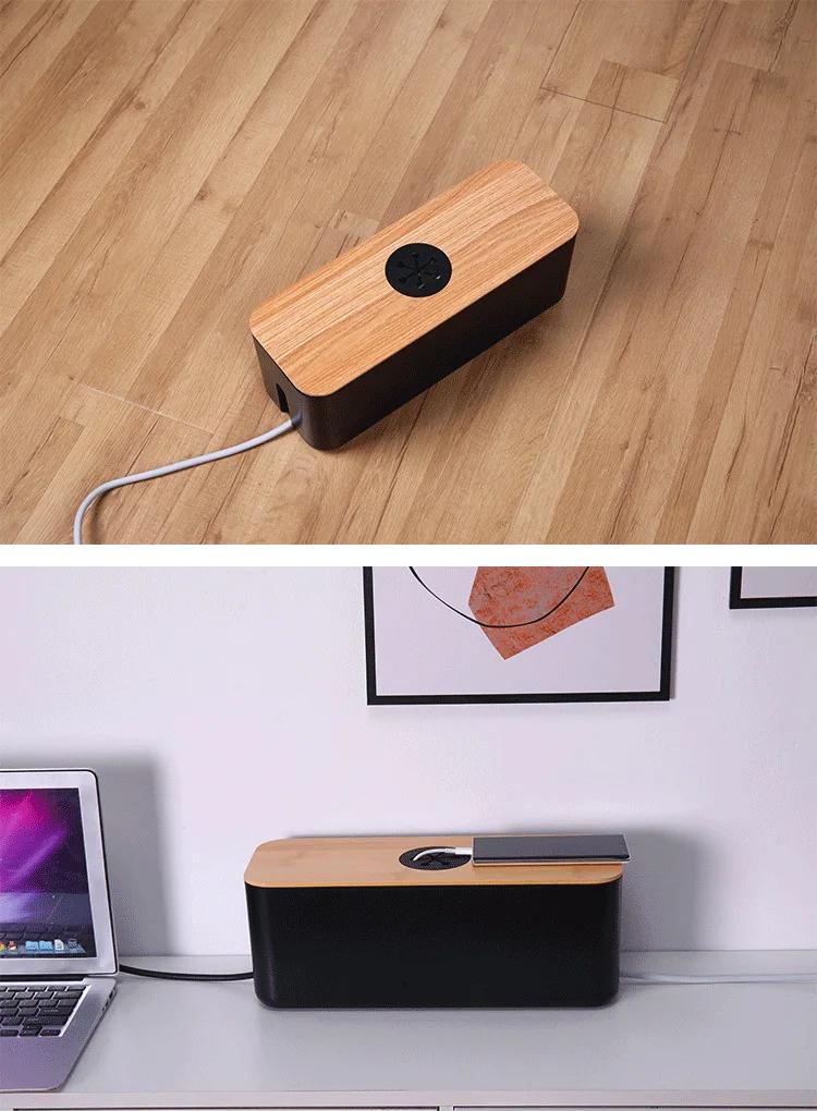 YIMUWN Wooden Cable Organizer Box - Dustproof Power Cord and Charger Storage Case with Wire Winder for Home Office