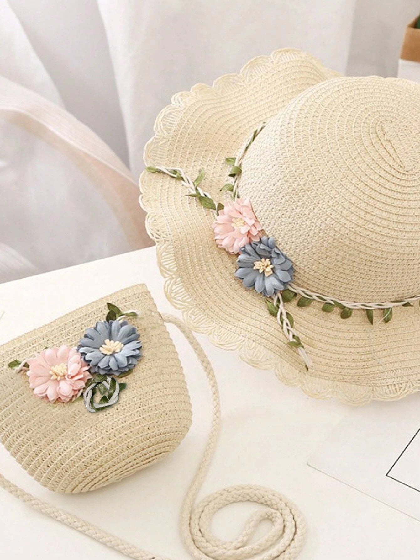 2pcs/Set Spring/Summer Girls' Hat & Bag Set, Perfect For Parent-Child Daily Outings