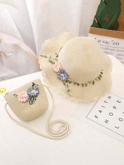 2pcs/Set Spring/Summer Girls' Hat & Bag Set, Perfect For Parent-Child Daily Outings