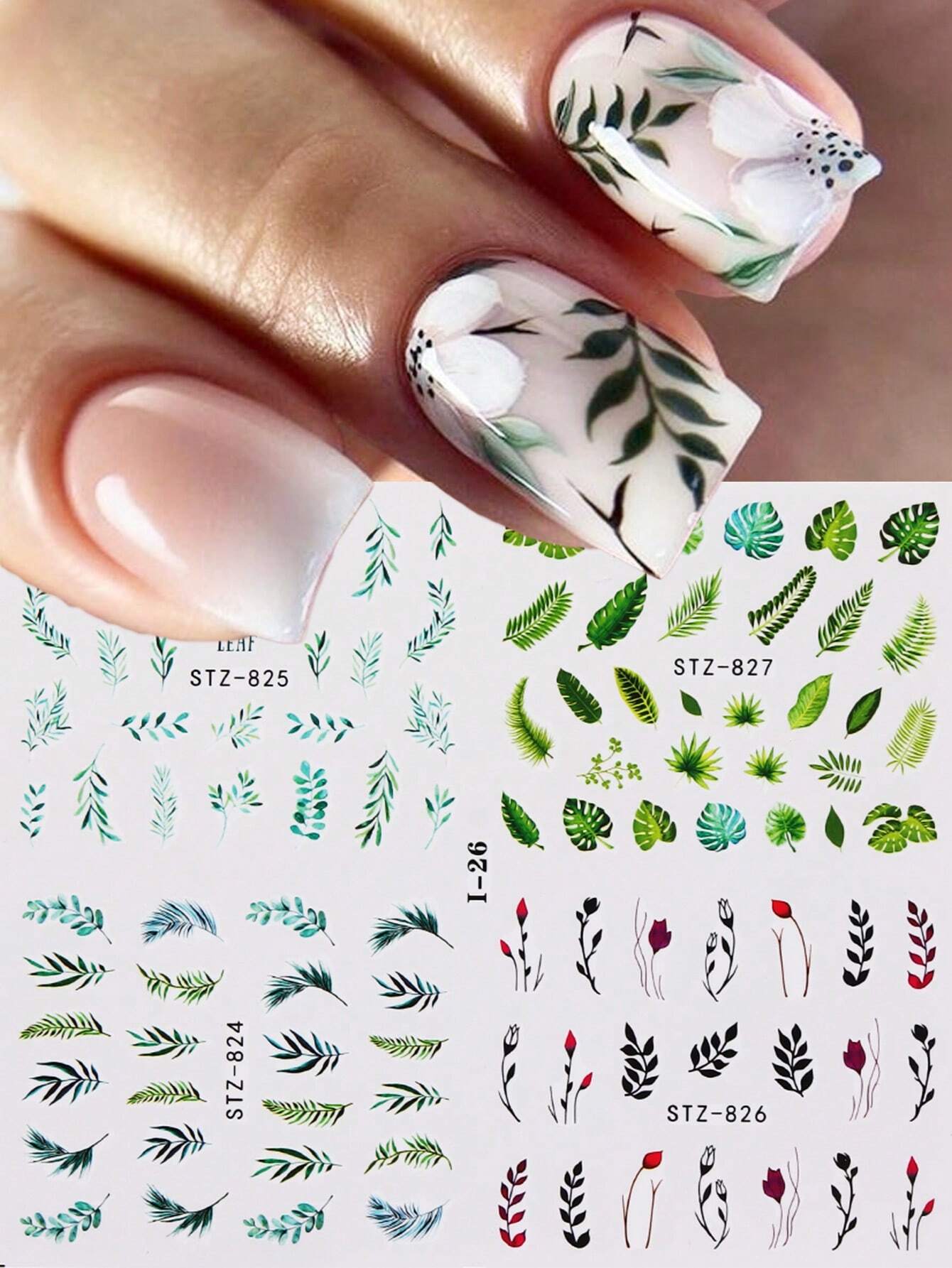 4Pcs Black Nail Stickers Water Transfer Fresh Nail Decals For Nail Art, Palm Leaf Flower Nail Design Stickers For DIY Nails Design Manicure Tips Decorations