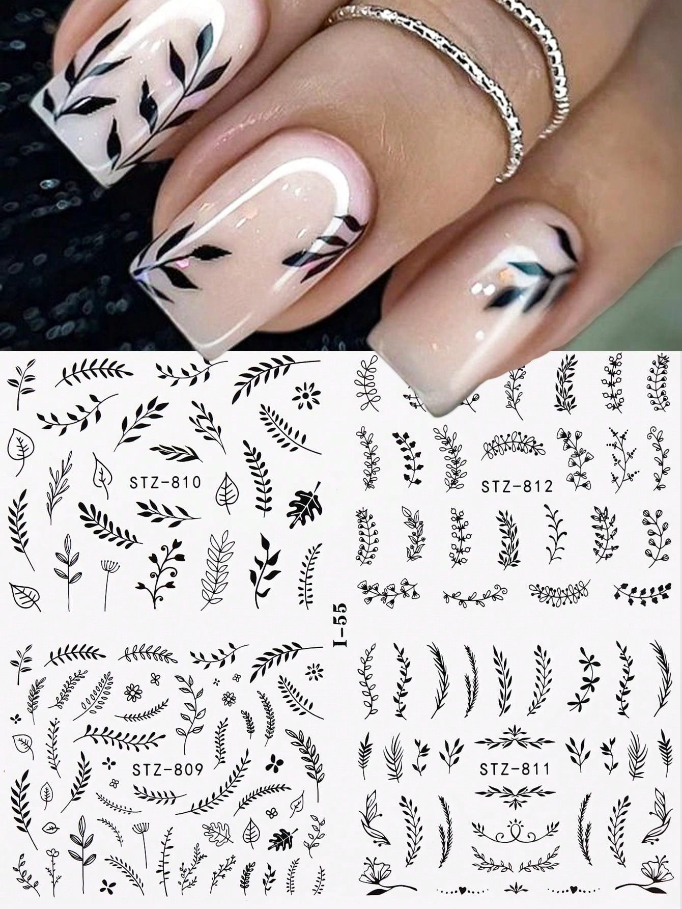 4Pcs Black Nail Stickers Water Transfer Fresh Nail Decals For Nail Art, Palm Leaf Flower Nail Design Stickers For DIY Nails Design Manicure Tips Decorations