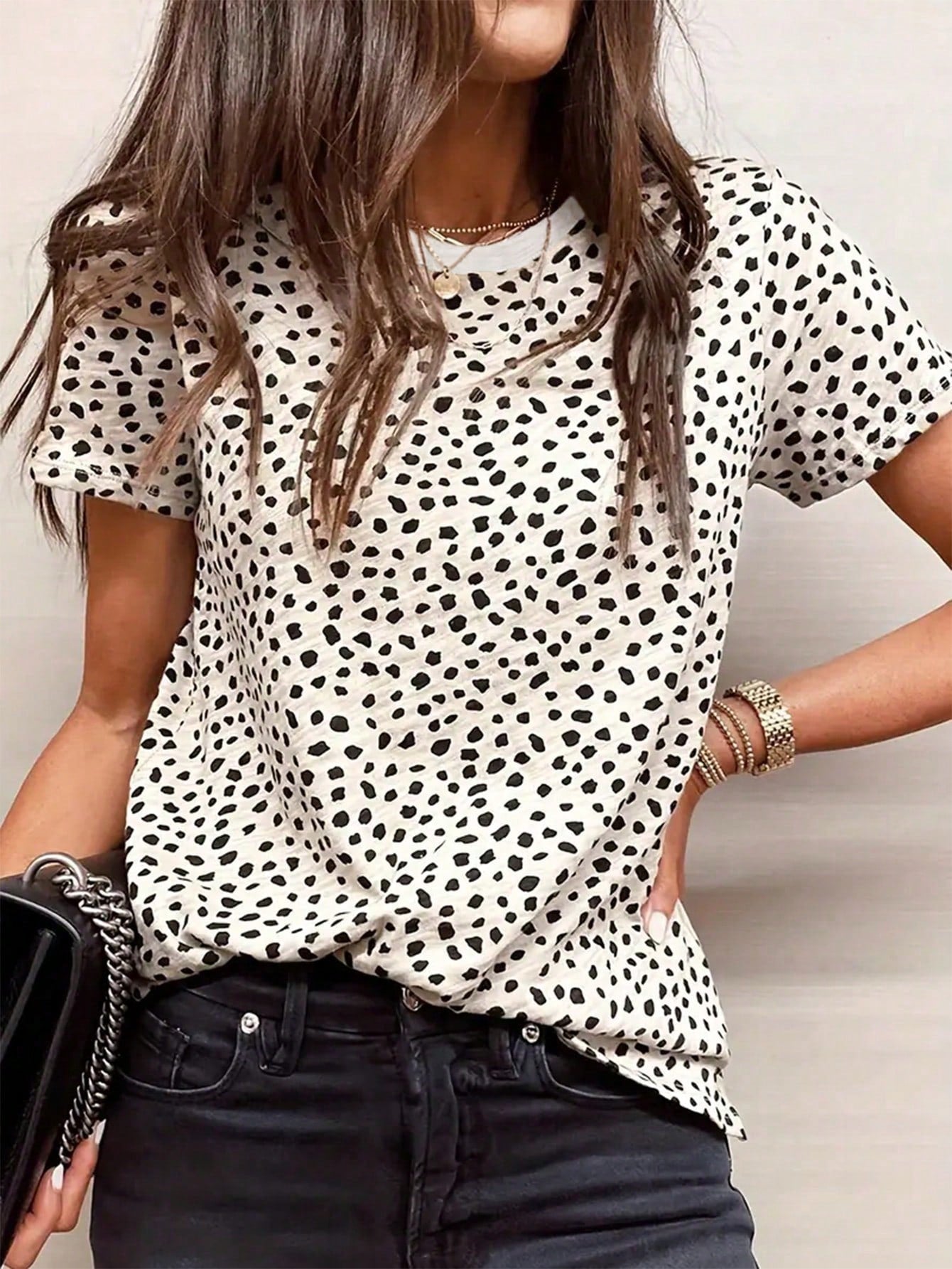 LUNE Women Fashionable Loose Fit Asymmetrical Polka Dot Short Sleeve T-Shirt For Summer