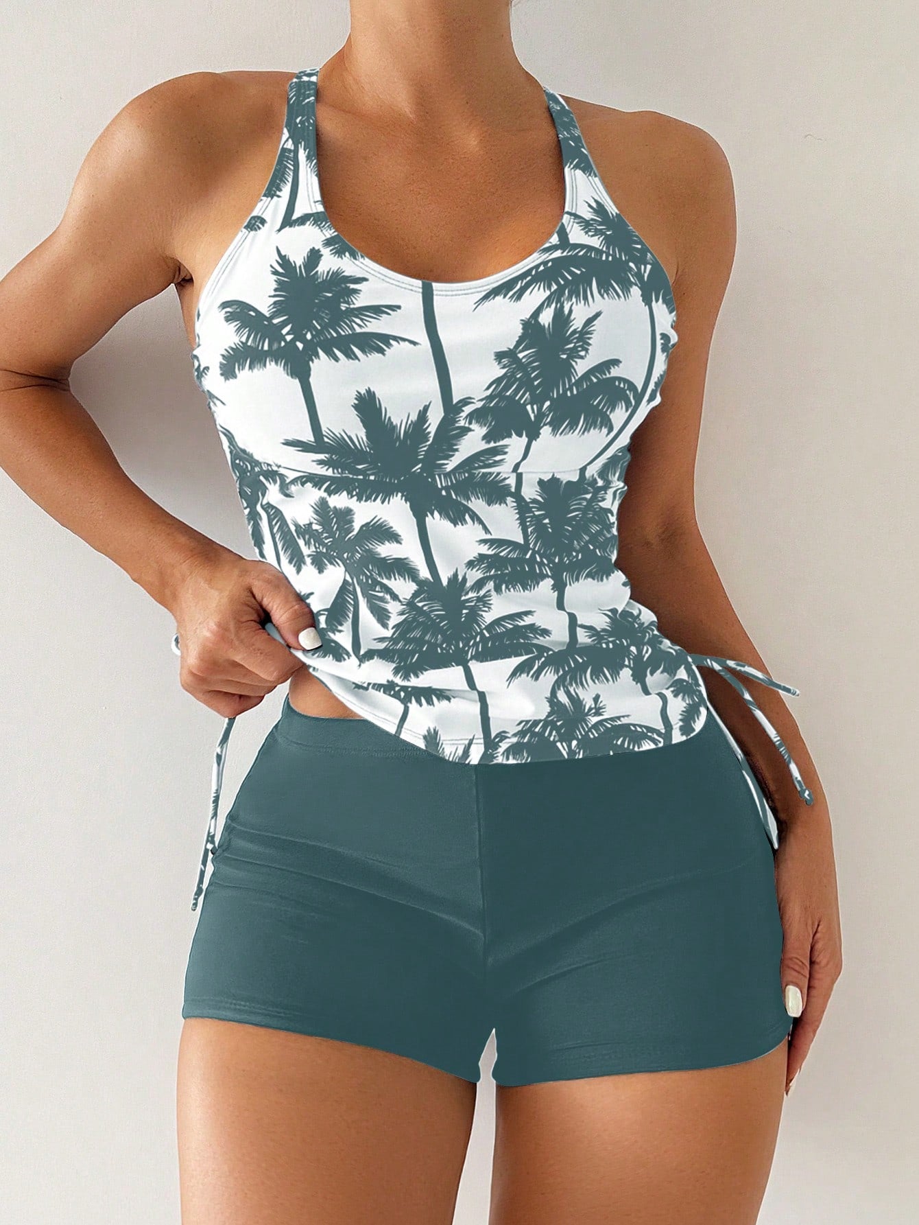 Swim Lushore Summer Beach Ladies' Coconut Tree Printed Halter Top And Solid Color Trunks Swimwear Set