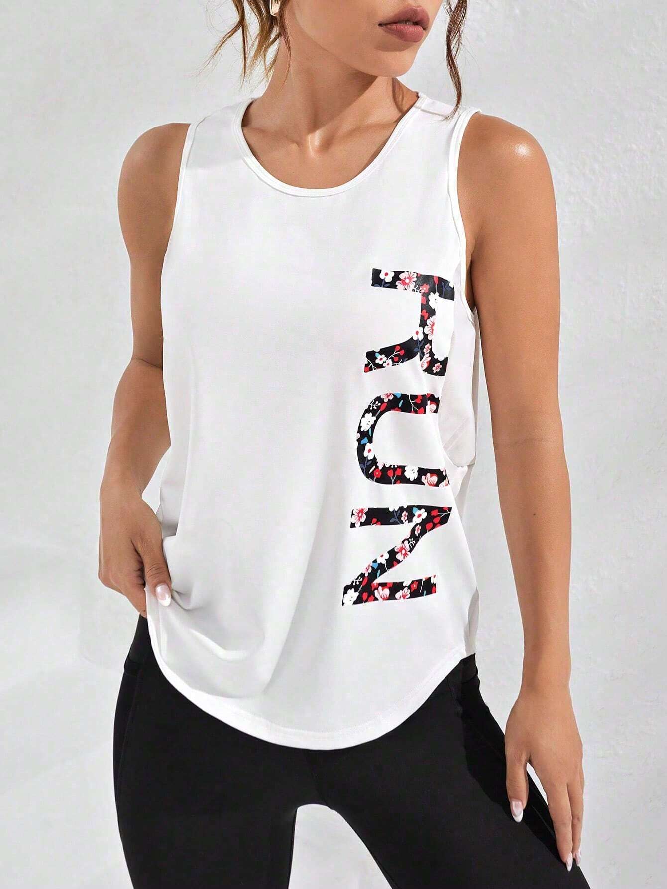 SHEIN Sport Exploreva Letter Graphic Curved Hem Sports Tank Top Gym Top Compression Shirt