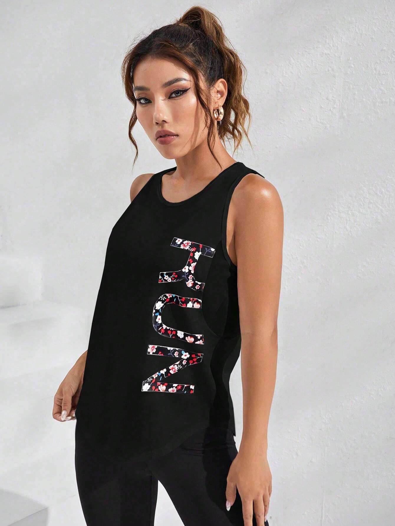 SHEIN Sport Exploreva Letter Graphic Curved Hem Sports Tank Top Gym Top Compression Shirt