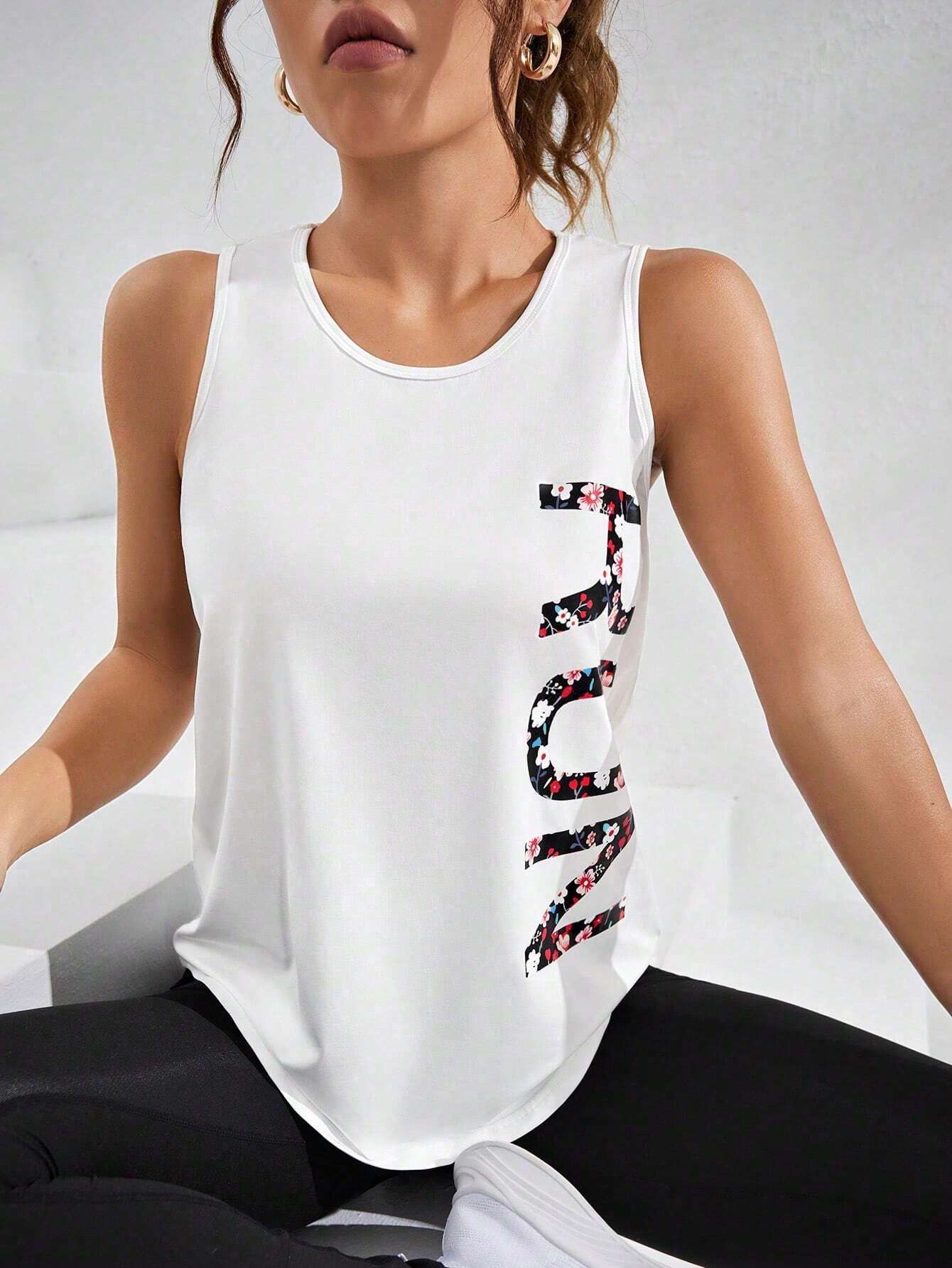 SHEIN Sport Exploreva Letter Graphic Curved Hem Sports Tank Top Gym Top Compression Shirt