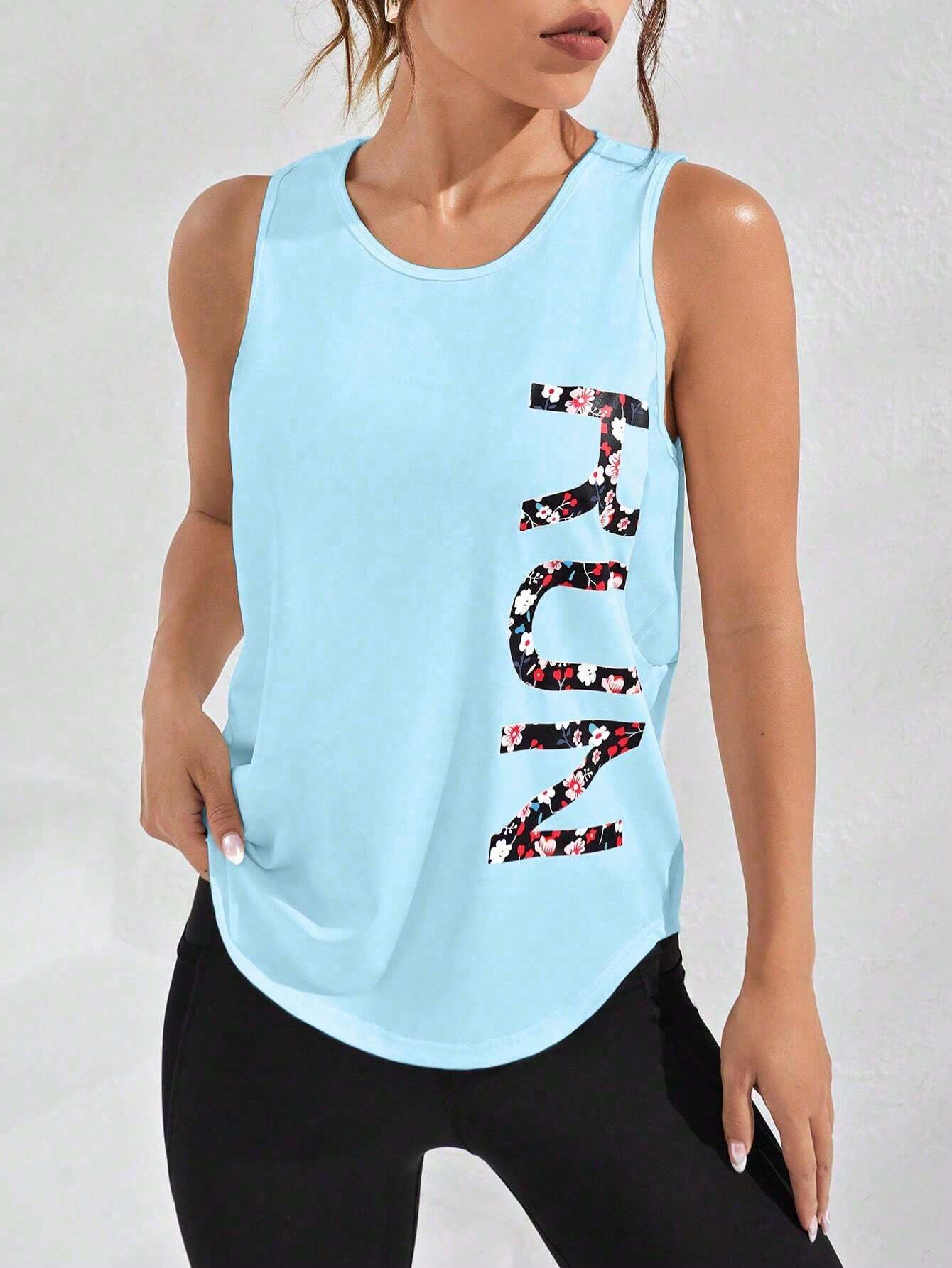 SHEIN Sport Exploreva Letter Graphic Curved Hem Sports Tank Top Gym Top Compression Shirt