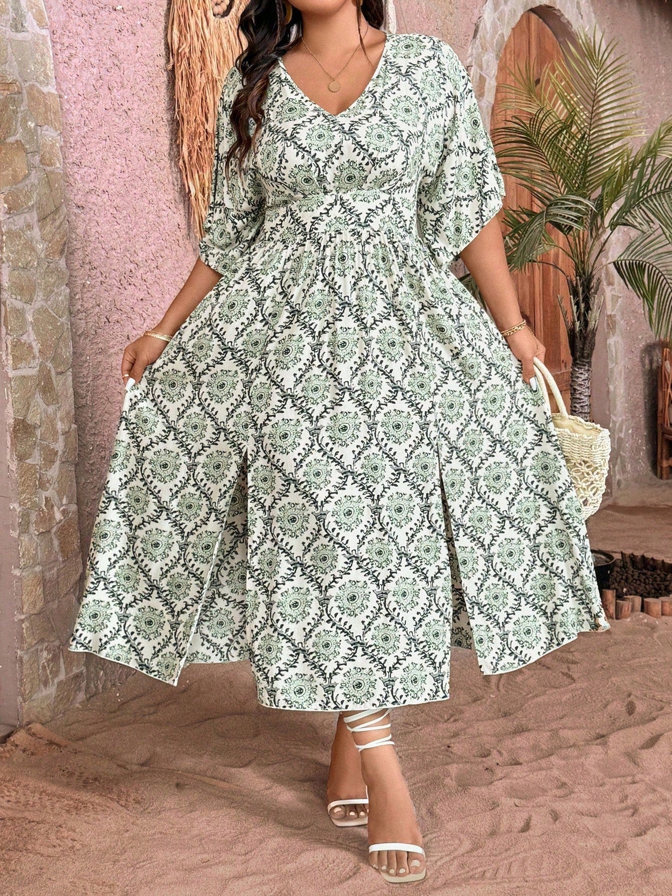 VCAY Plus Size Printed Batwing Sleeve Dress With Cinching Waist And Slit, For Holiday And Leisure