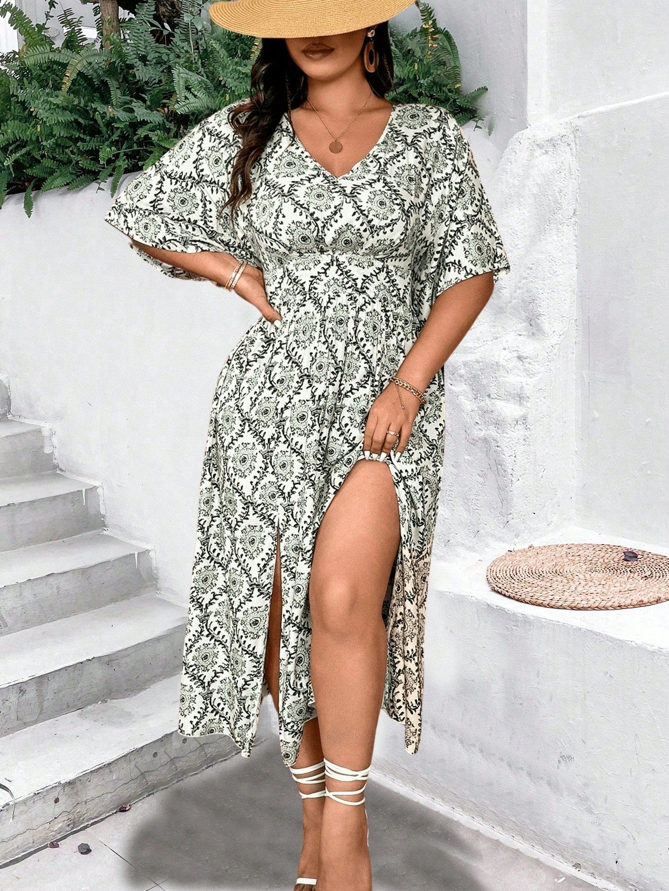 VCAY Plus Size Printed Batwing Sleeve Dress With Cinching Waist And Slit, For Holiday And Leisure