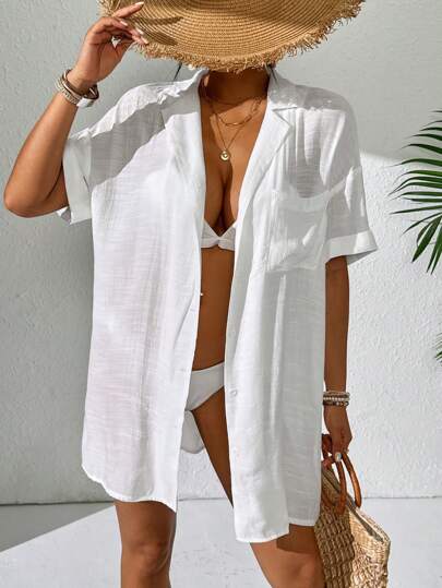 Swim Women Simple Solid Color Short Sleeve Kimono Cover Up,Summer Beach