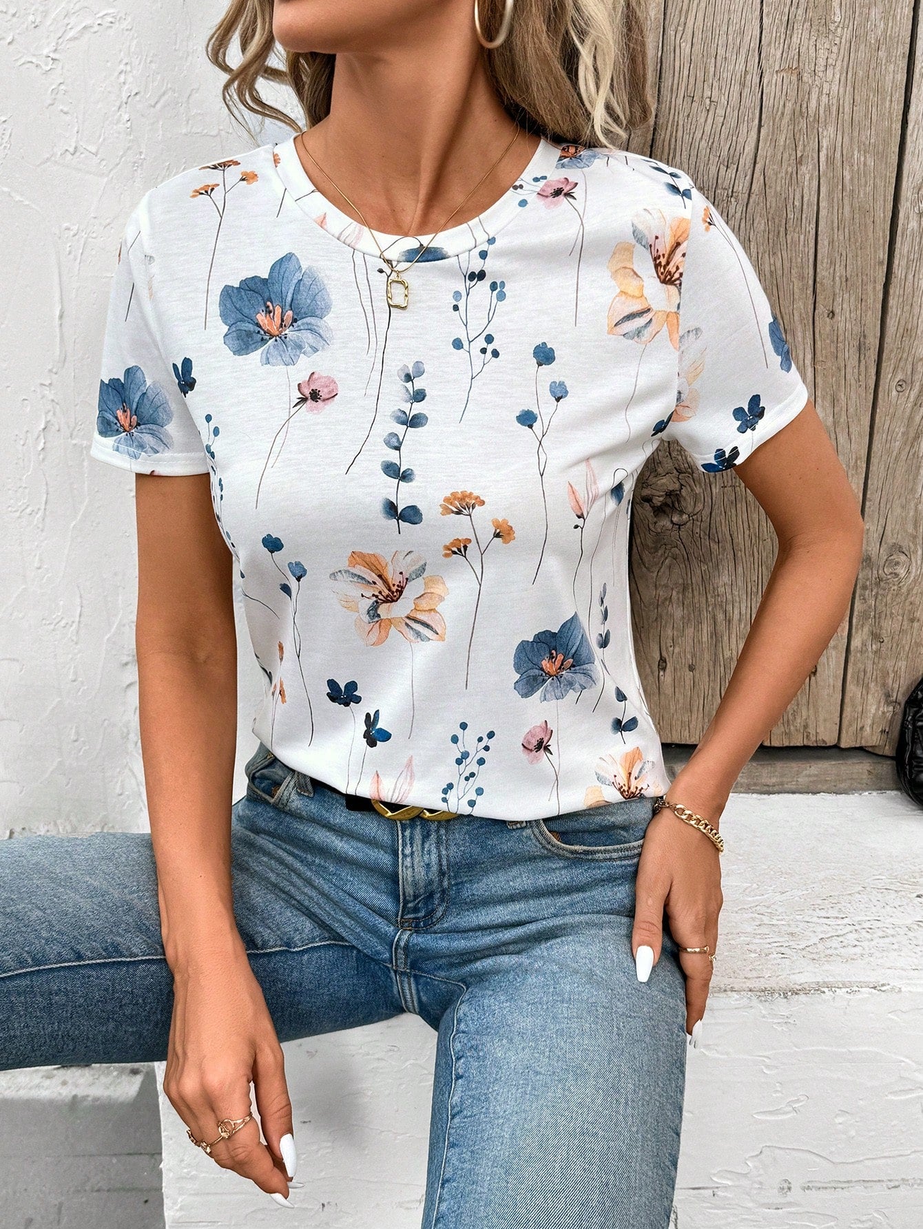 Frenchy Women's Bridgerton  Floral Print Round Neck Short-Sleeved Casual T-Shirt For Summer