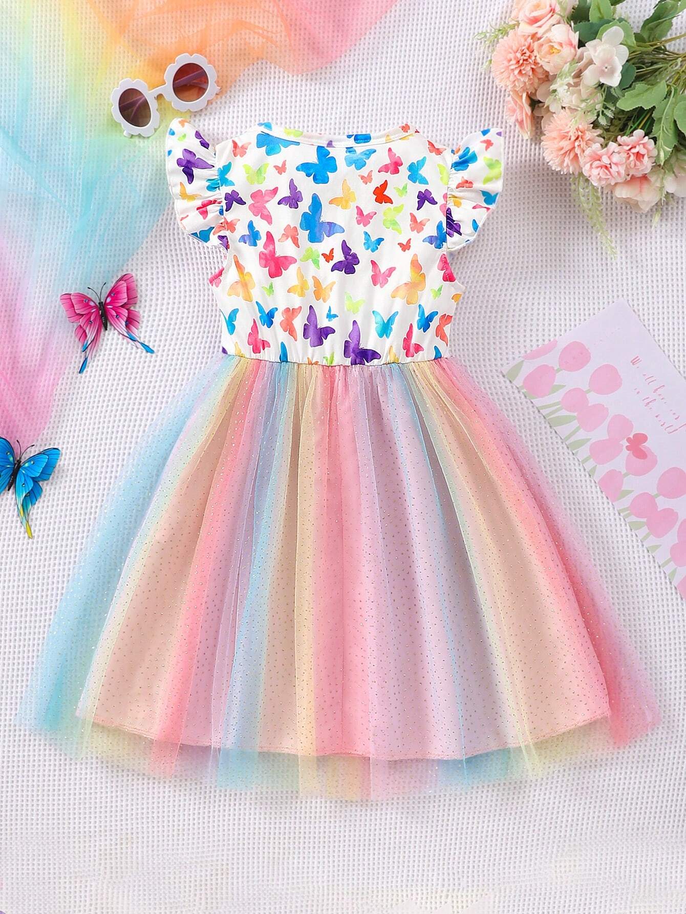 Young Girls Christmas Print Ruffled Bow Mesh  Cute Party Dress