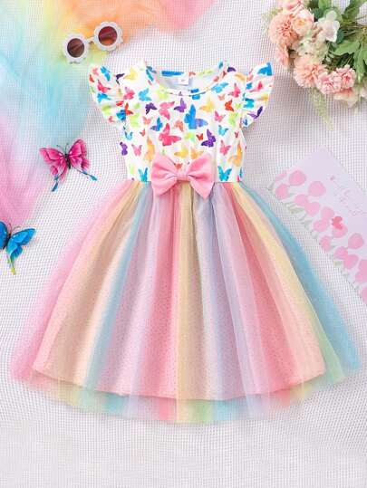 Young Girls Christmas Print Ruffled Bow Mesh  Cute Party Dress